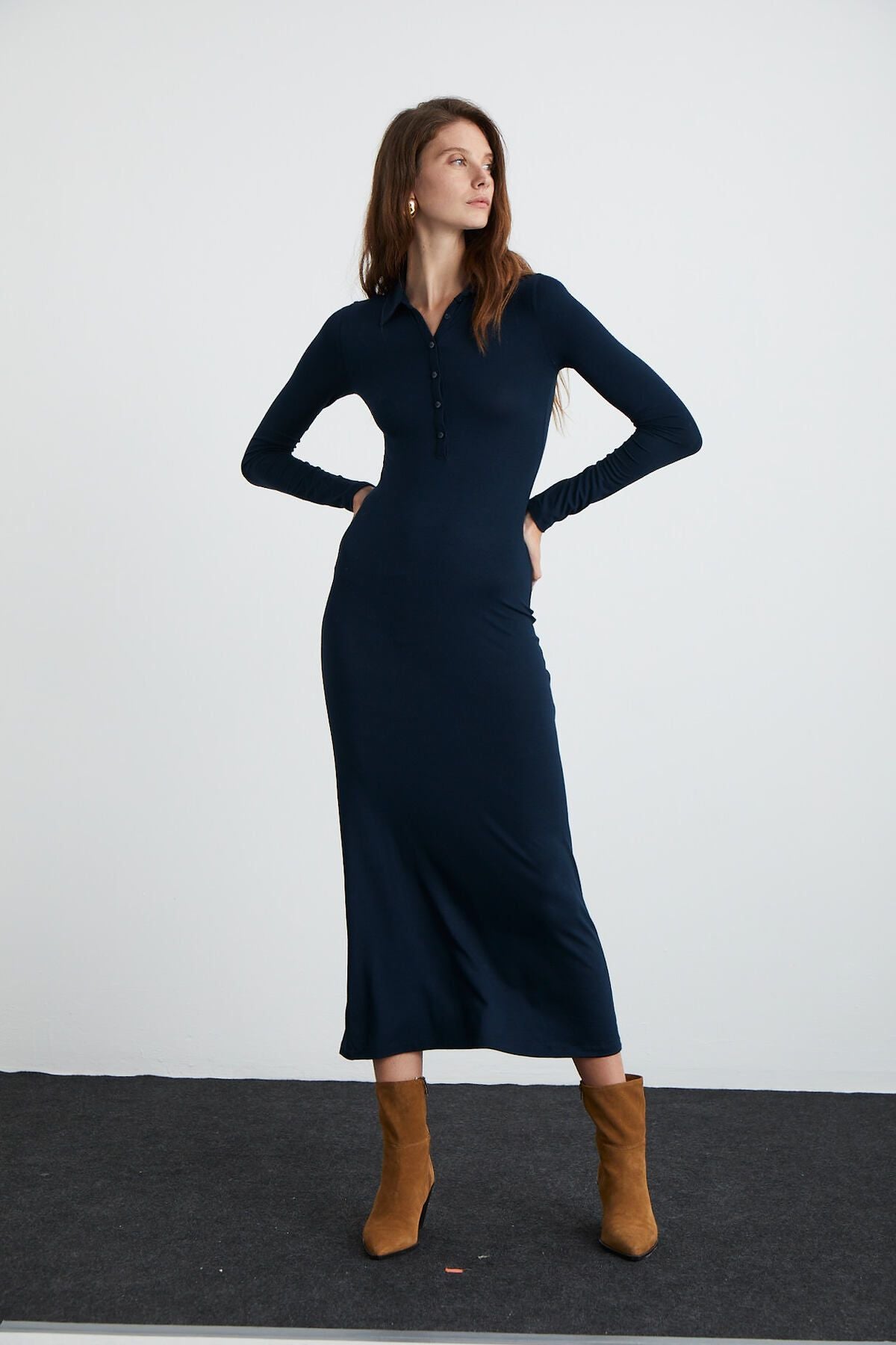 Saidy Female viscose lycra shirt collar bodycon Bodycon Maxi Navy blue dress