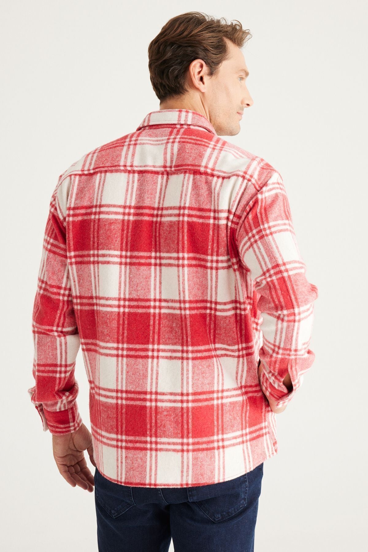 Men's Red Ecru Oversiz plenty of cut buttoned collar checkered winter shirt jacket