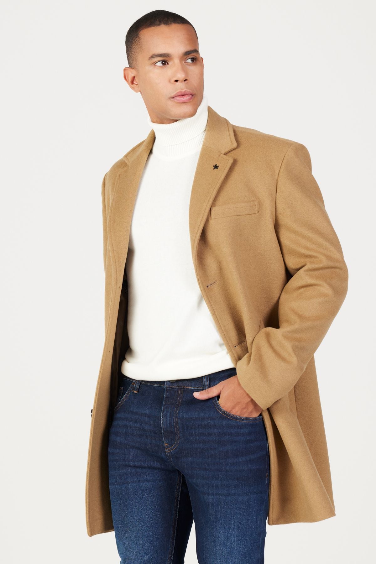 Men's Camel Standard Fit Normal Cut Mono Yaka Wool Coat