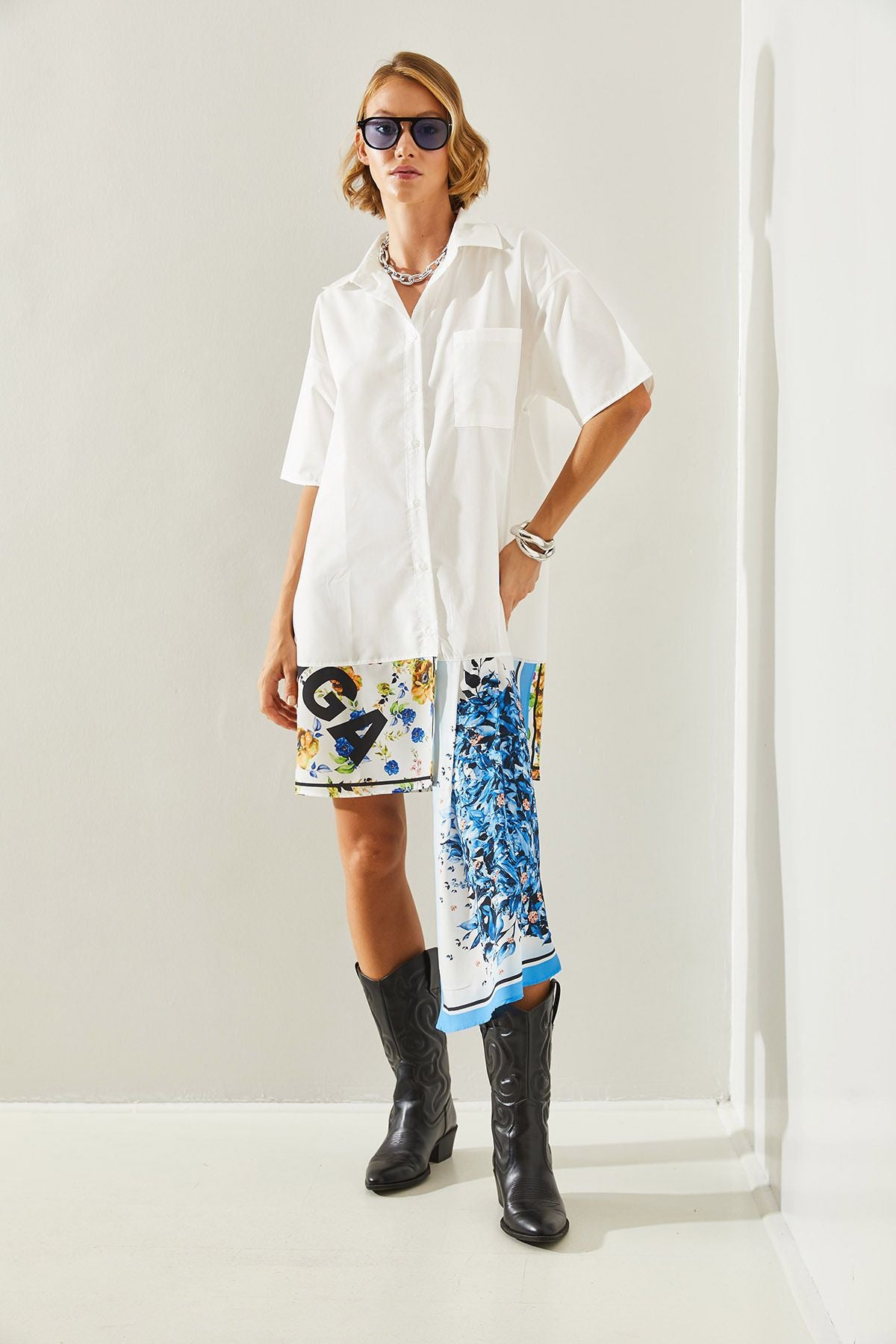 Female asymmetric satin skirt detailed shirt dress 21262 60251492
