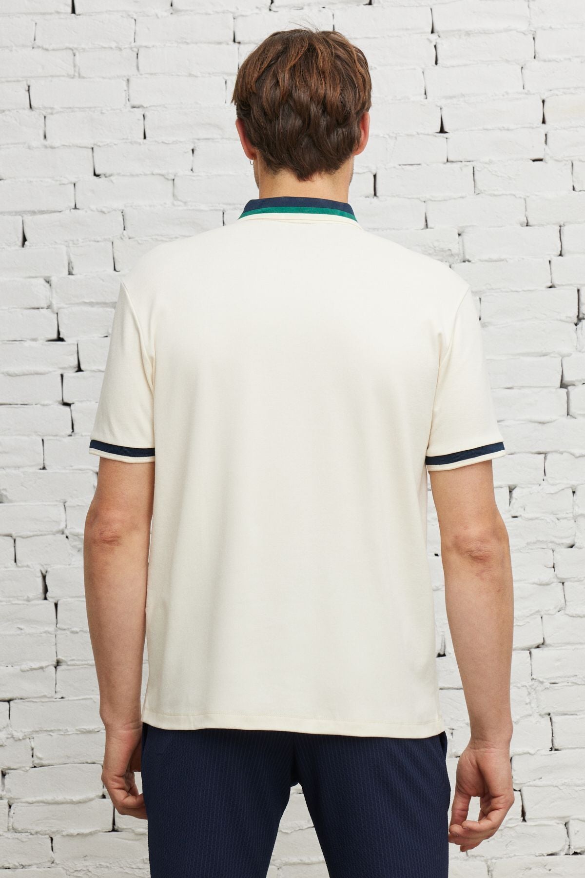 Men's Ecru Lacı Regular Fit Casual Cut Polo Yaka 100 %Cotton T -shirt