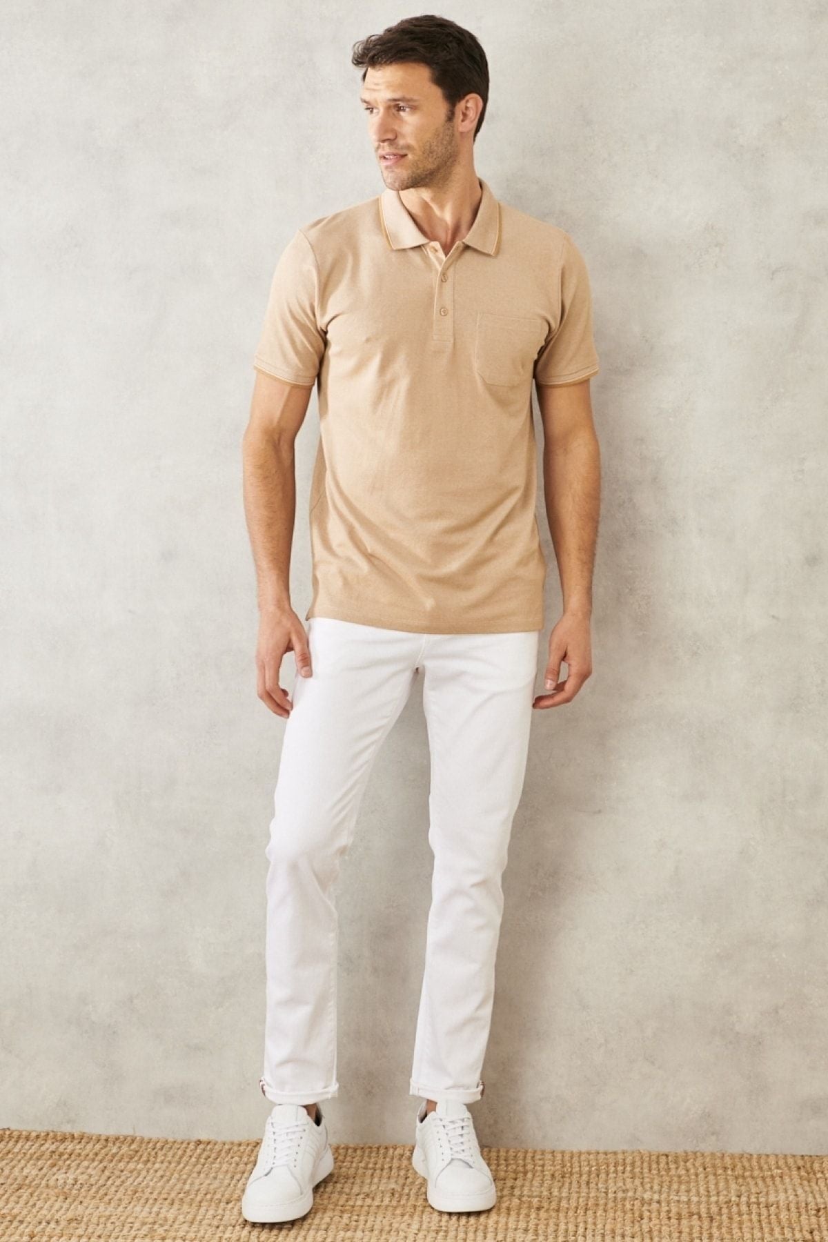 Men -drawn cotton fabric comfort fit comfortable cutting mink curved polo collar pocket t -shirt