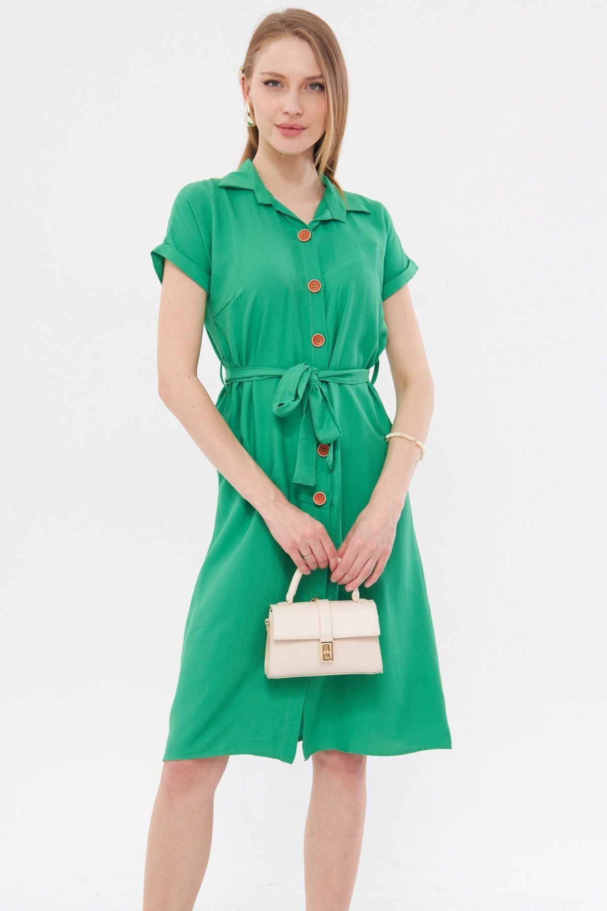 Woman Light Green Waist Belt Short Sleeve Shirt Dress ARM-19Y001068