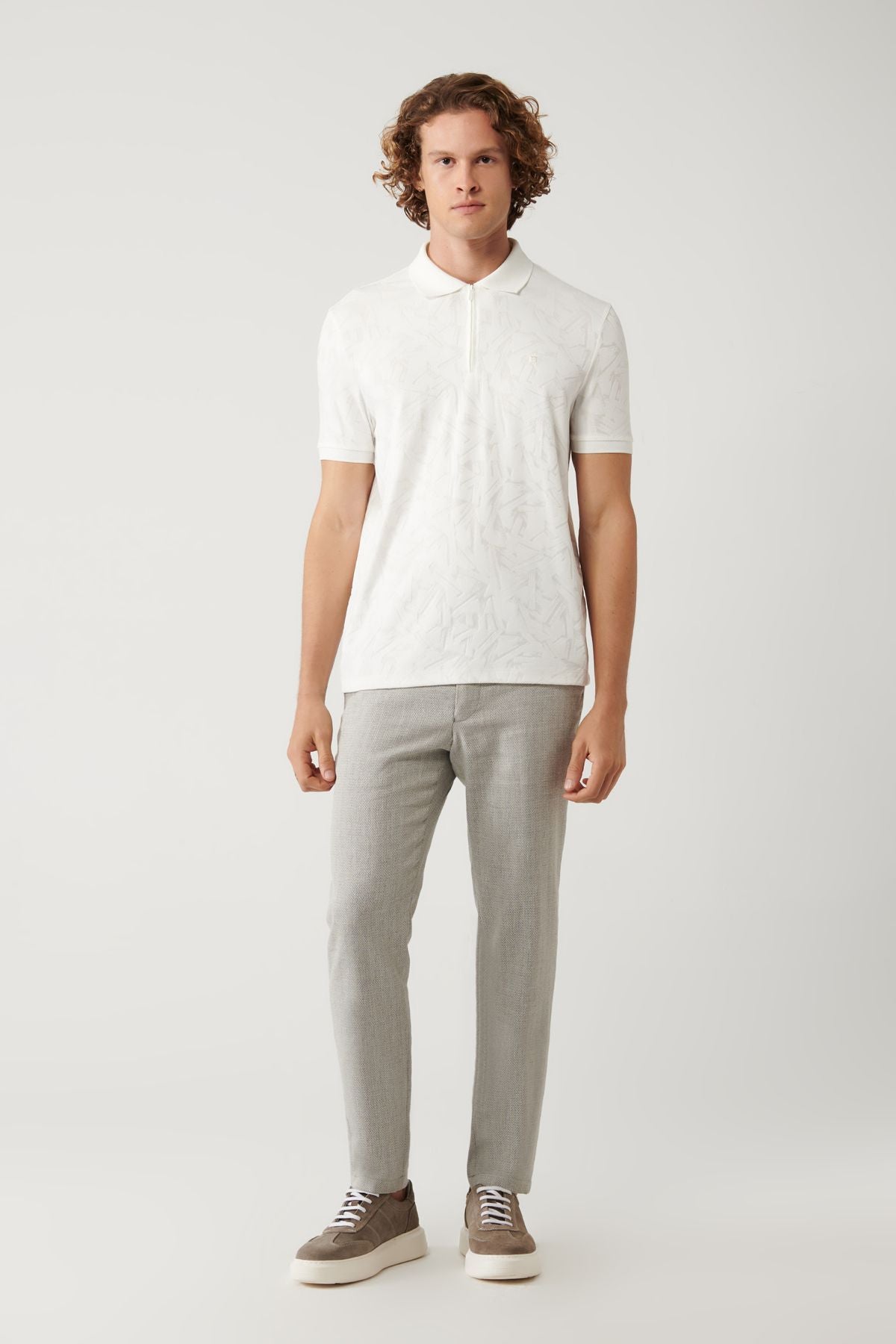 Men's White Zipper Jacquard Polo Yaka T-shirt A41y1118