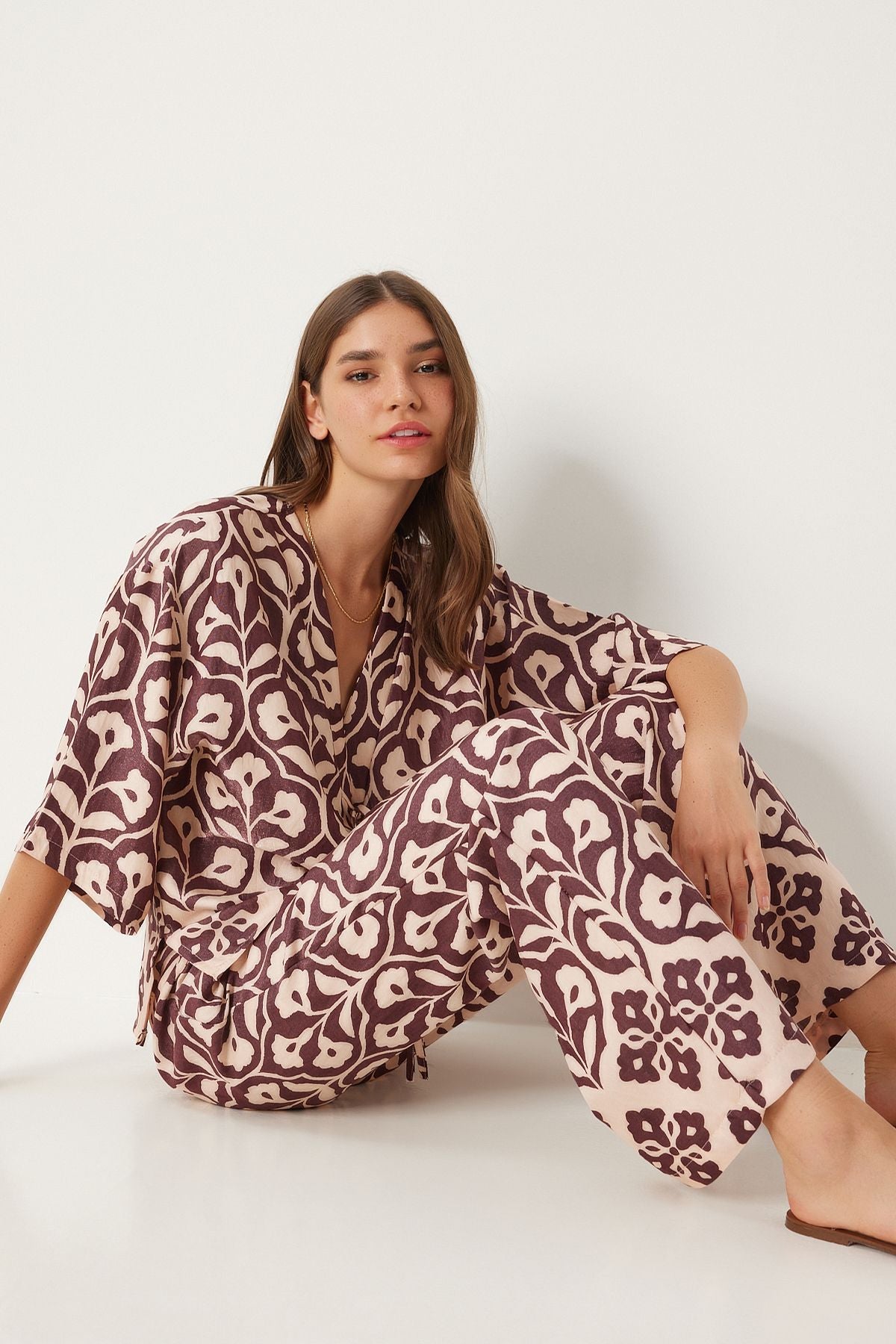 Female Pins Cream Patterned Viscose Blouse Palazzo Set FN03278
