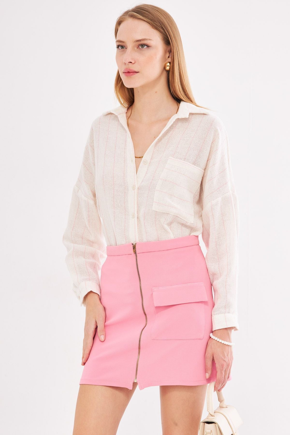 Female Powder Pink Long Sleeve Pocket Detailed Rigge Pleated Striped Oversize Shirt ARM-24Y001053