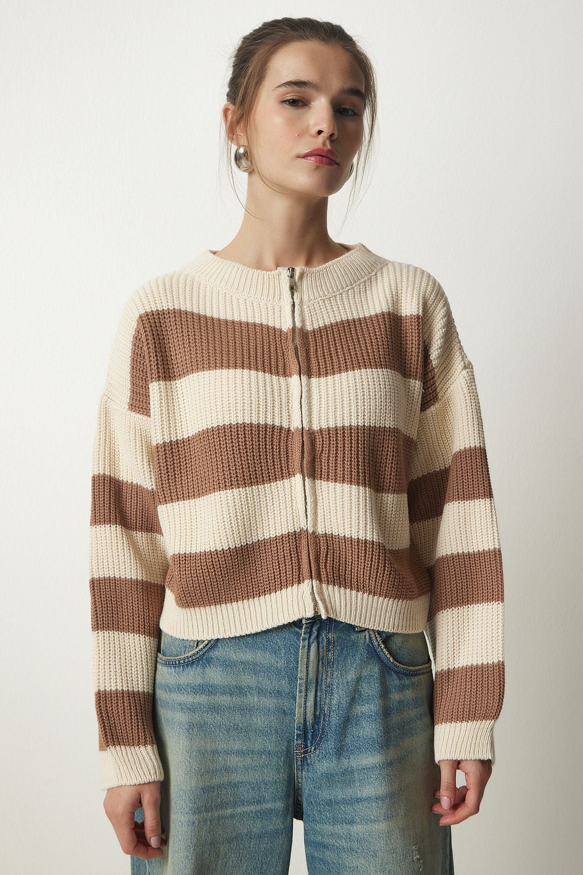 Women's Cream Biscuit Zippered Triko Cardigan MC00246