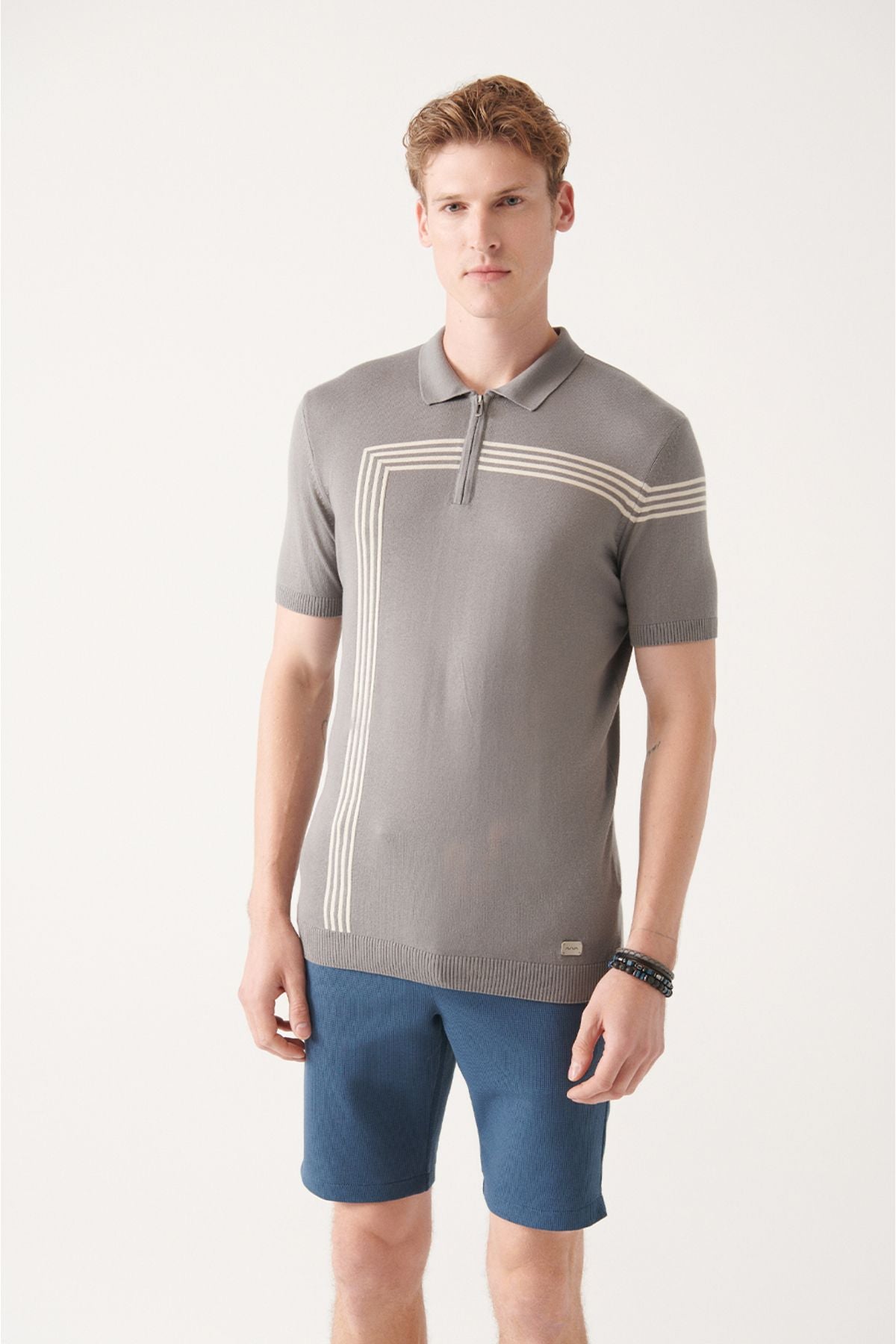 Men's Gray Zipper Line Detailed Polo Yaka Triko T-Shirt A31y5127