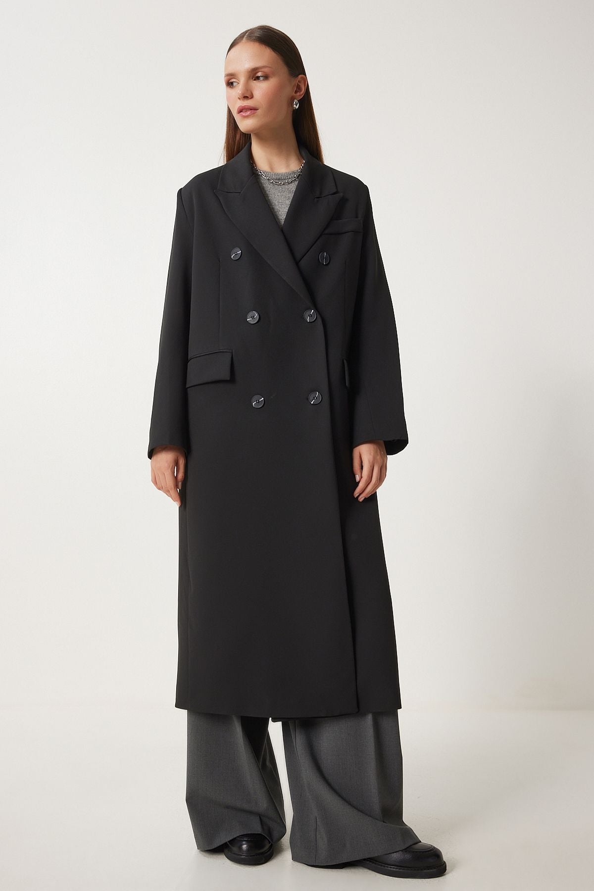 Female Black Shawl Yaka Oversize Premium Woven Jacket Coat FN03381