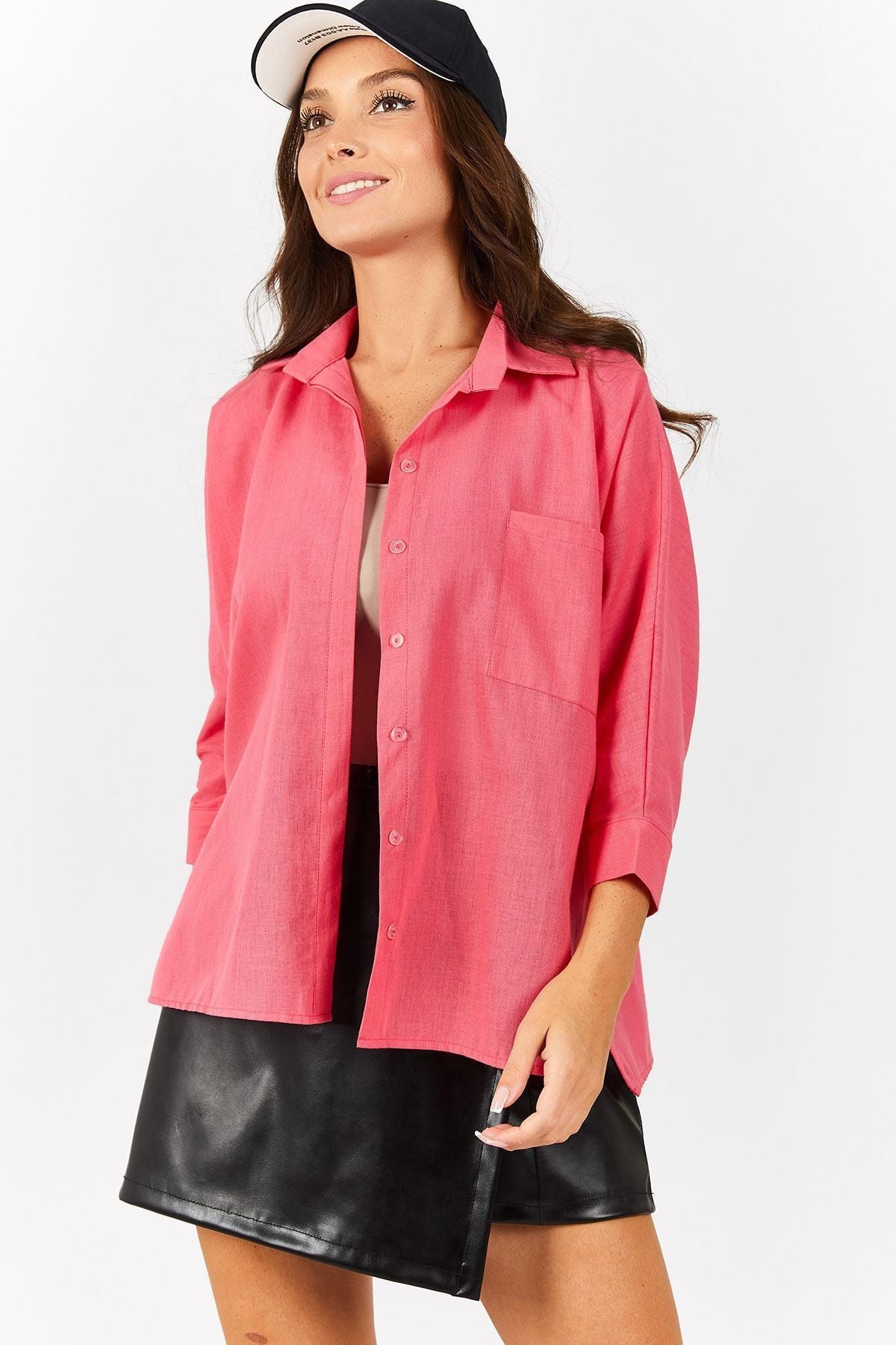 Women's Fuchsia pocket shabby linen shirt ARM-21Y001035