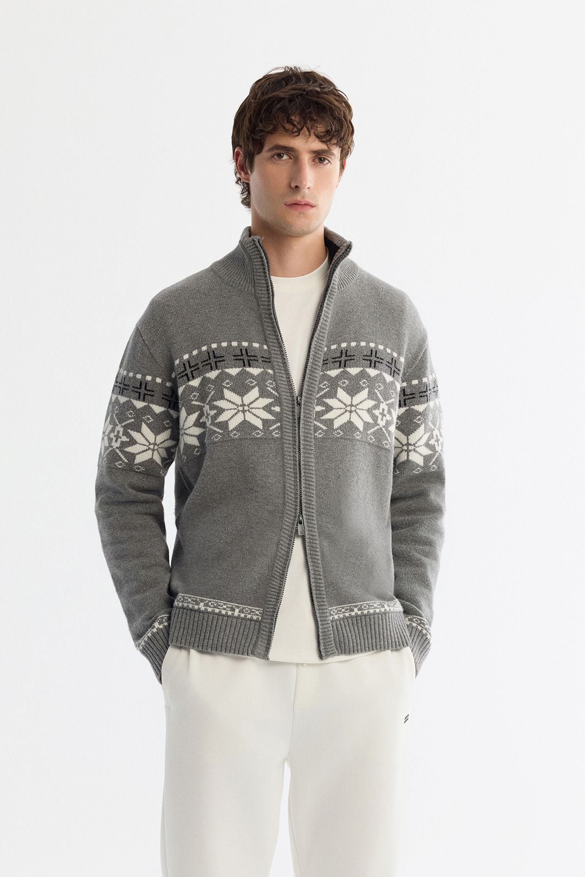 Men's gray upright collar zipper patterned knitwear cardigan A42y5177
