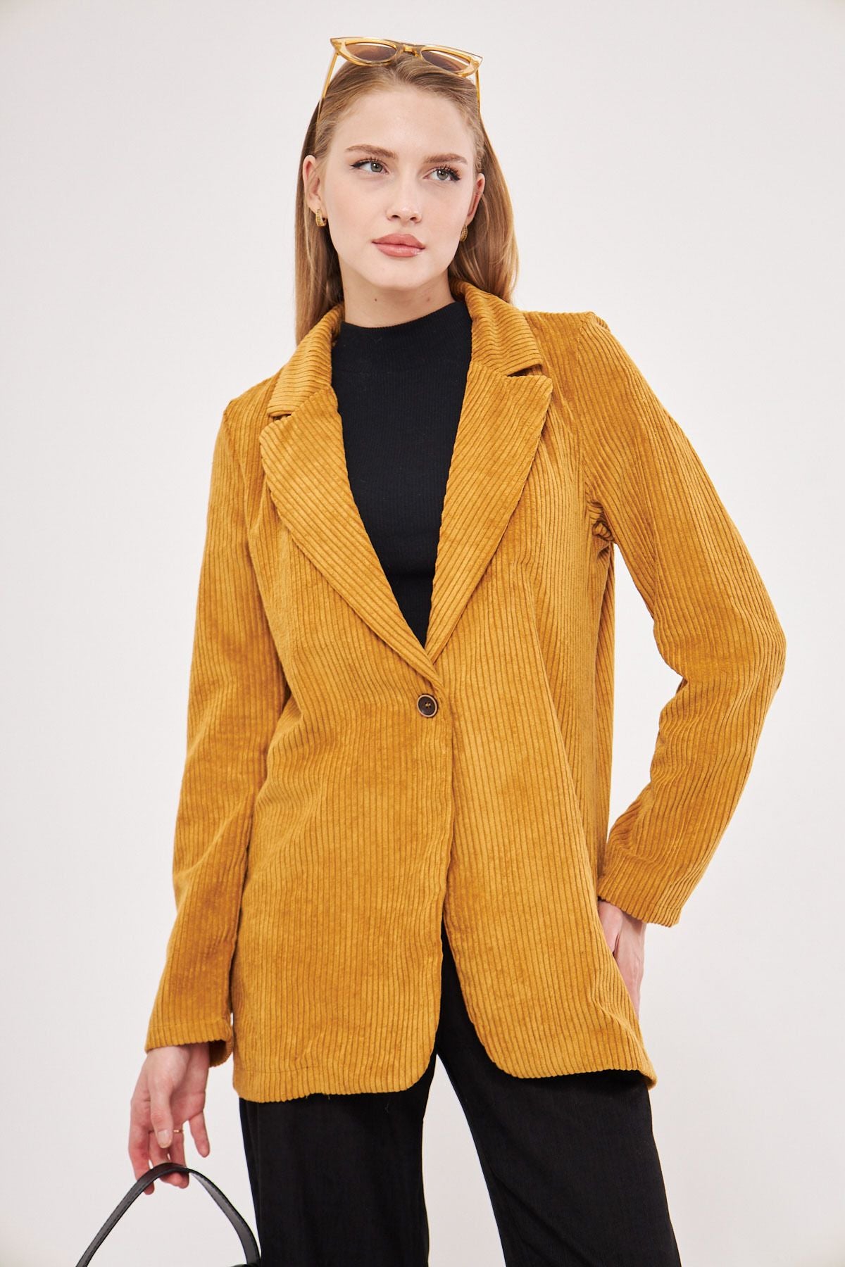 Woman mustard Single button Velvet Jacket ARM-24K001043