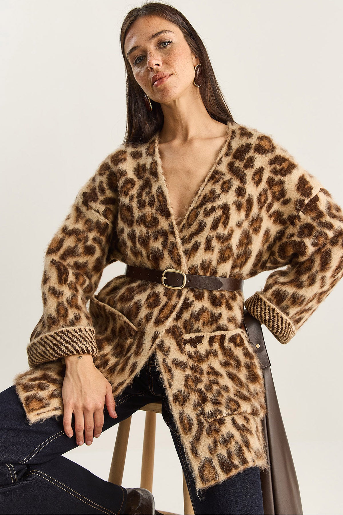 Women's Pocket Detailed Patterned Oversize Rose Gold Knitted Cardigan 20251101