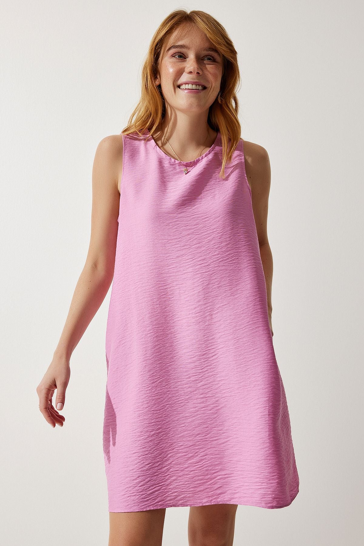 Woman Light Pink Sleeveless Linen Viscose Bell Dress JH00005