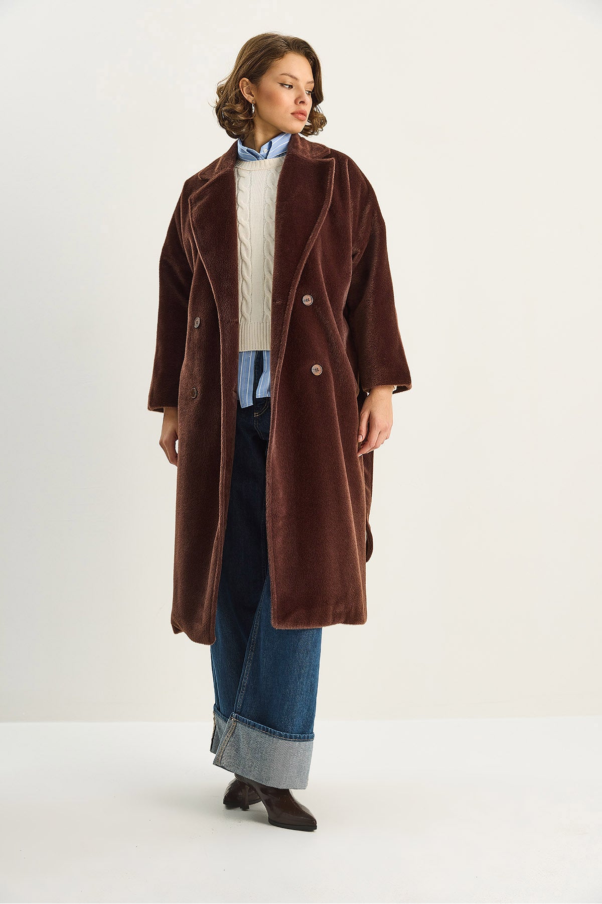 Women's Bearded Soft Textured Double Breasted Collar Lined Pocket Detailed Belted Coat 7021 60283753