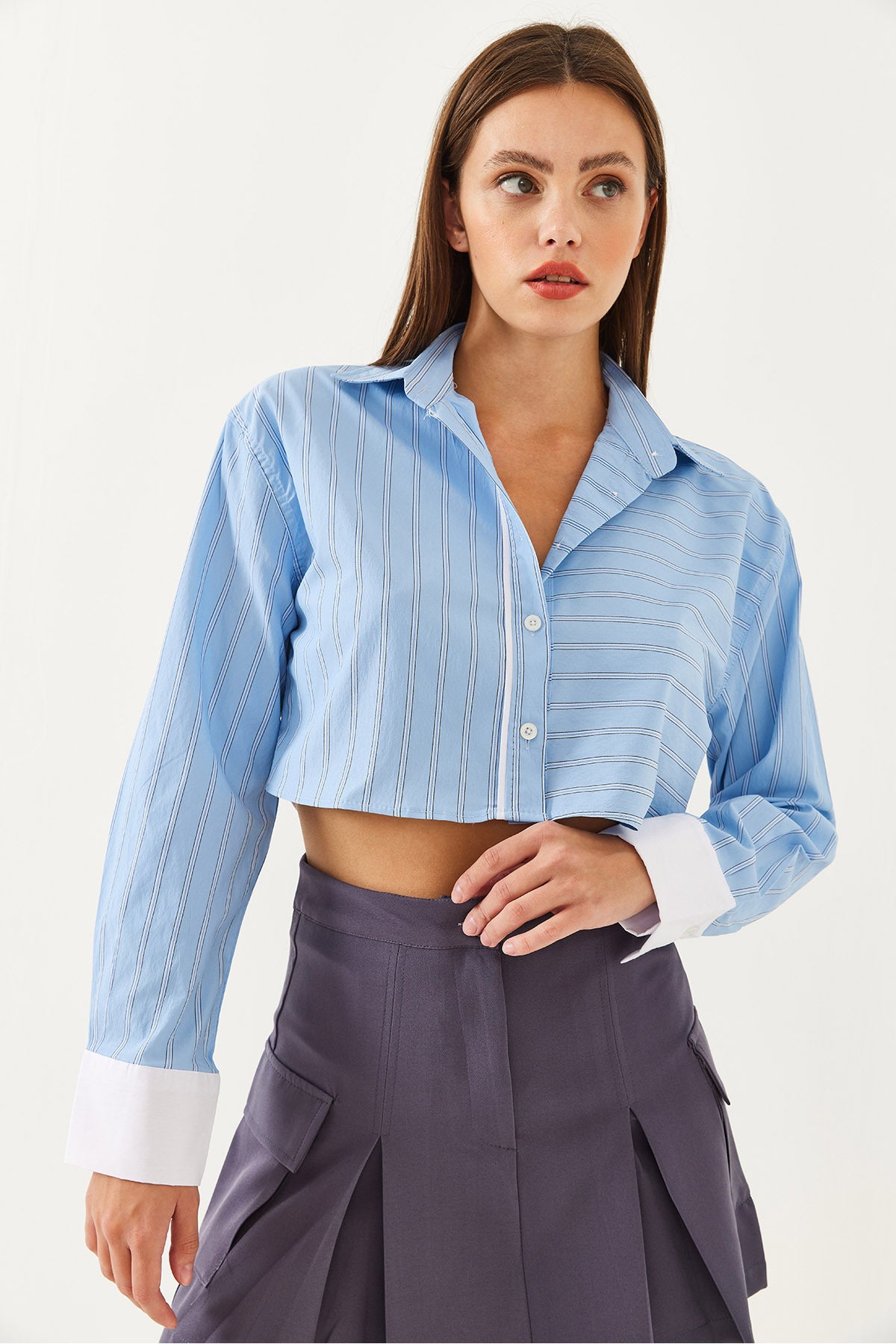 Women's Asymmetrical Striped Cuff Detailed Crop Shirt 4451 60251915