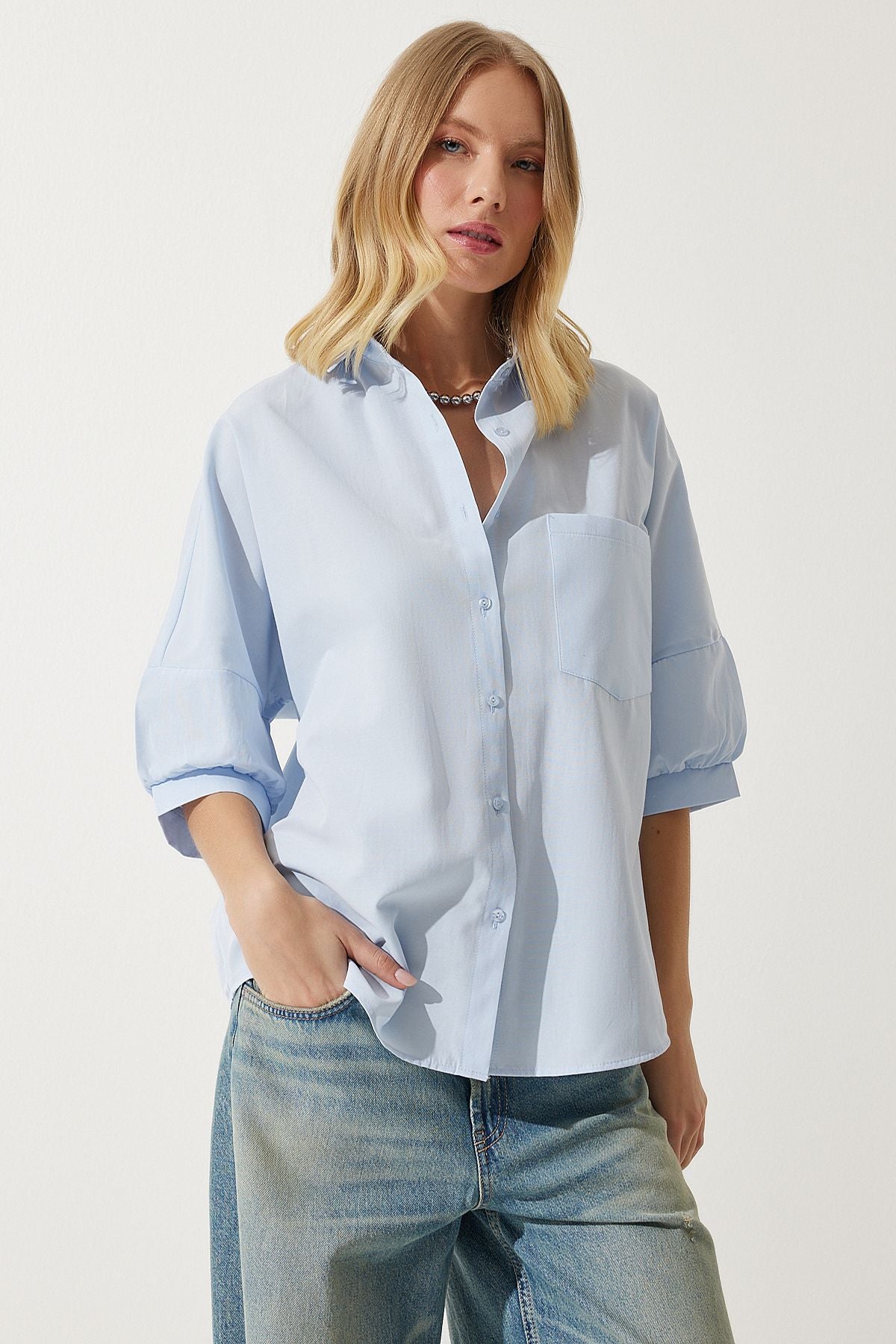 Woman Sky Blue Balloon Sleeve Poplin Shirt DD01308