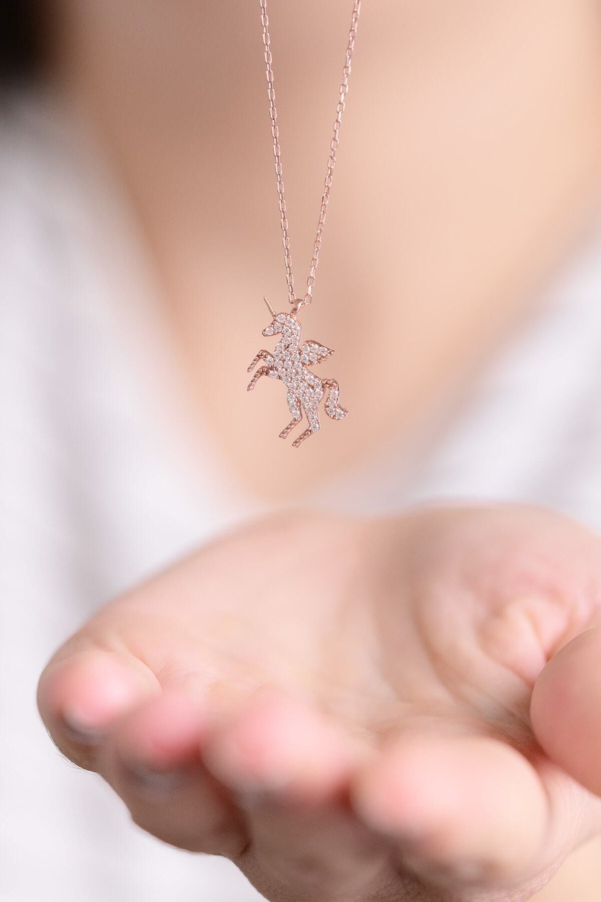 Unicorn White Stone Rose Gold Plated 14 K Rose Gold Plated Women Necklace