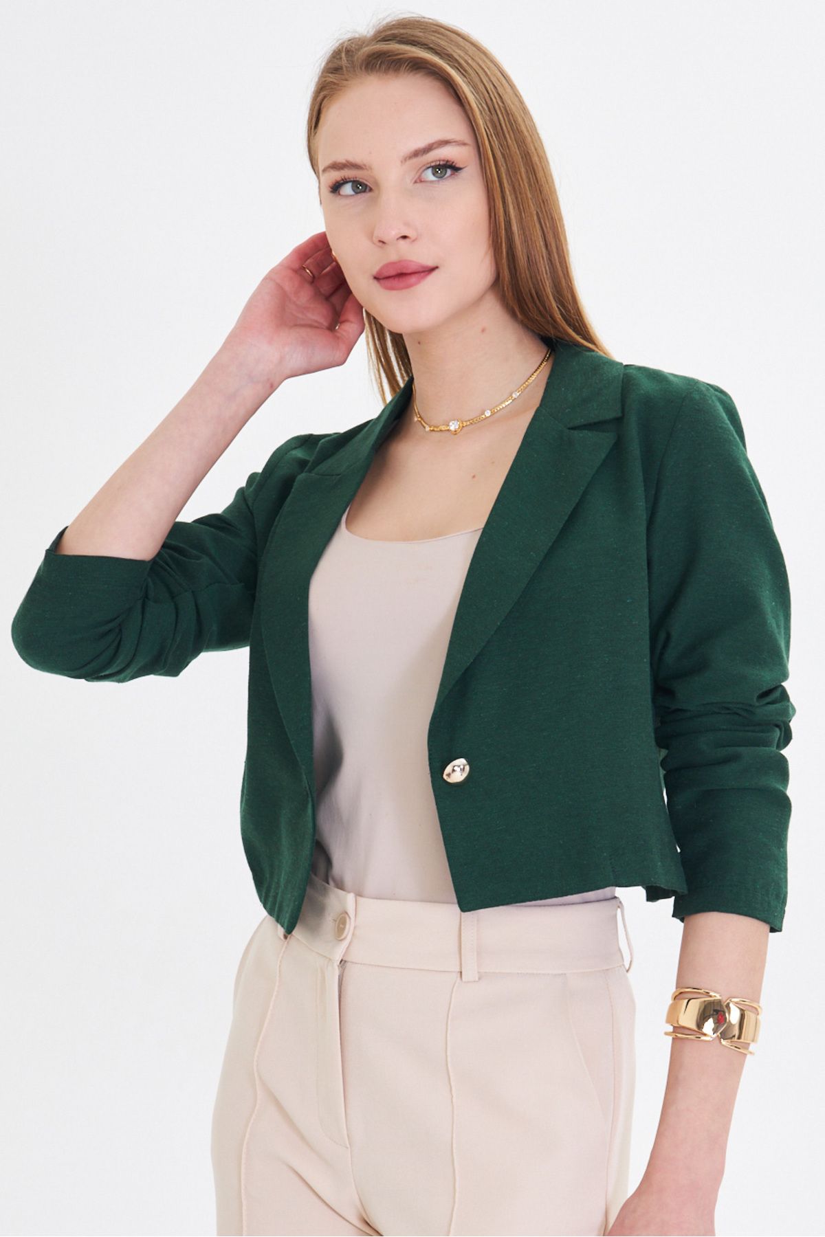 Female emerald single button crop jacket ARM-23Y001064