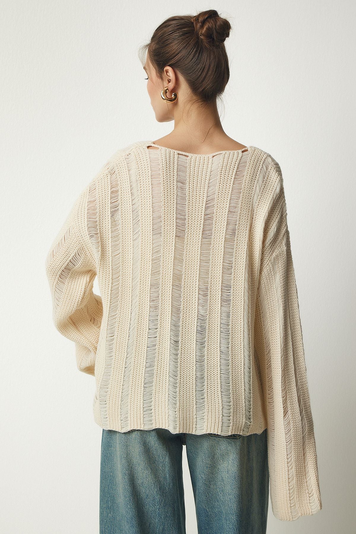 Women's Cream Torn Detailed Oversize Knitwear Kazakh Ki00105