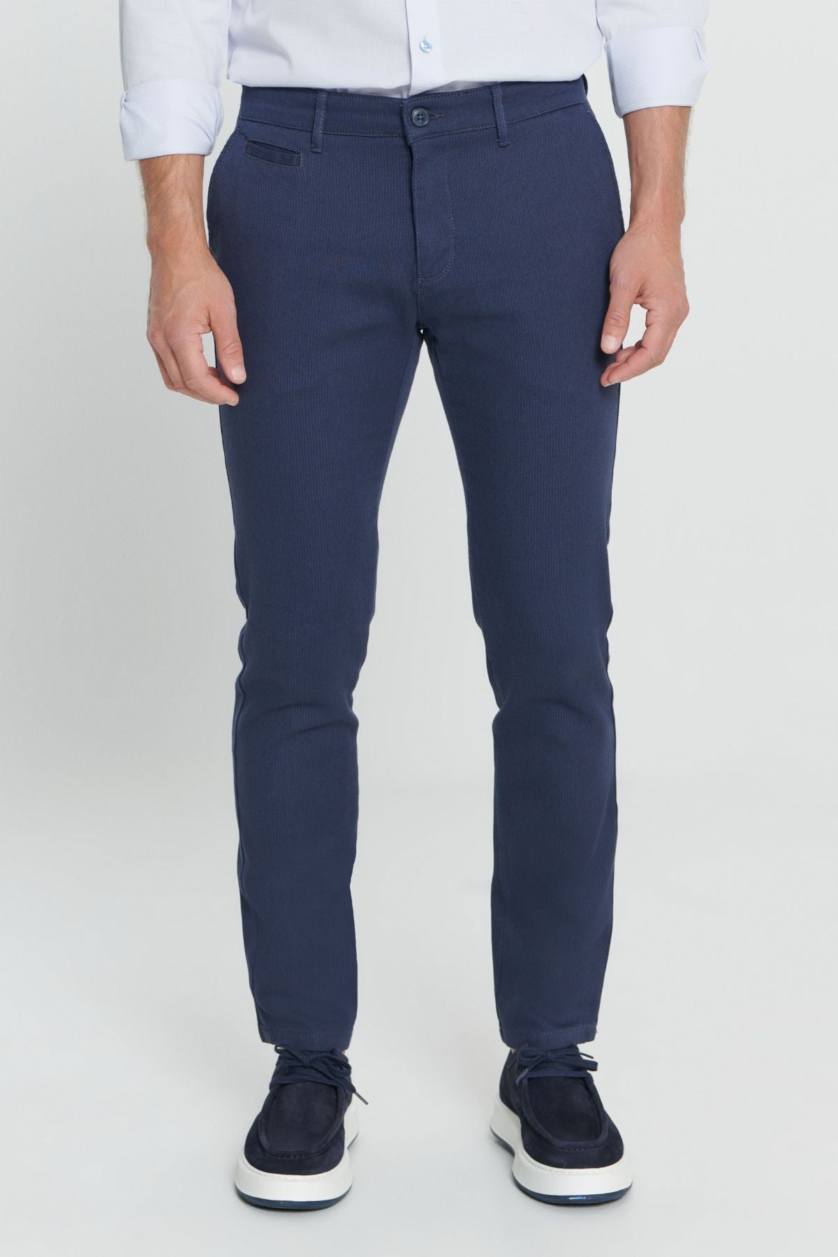 Men's navy blue slim fit narrow -cut side pocket cotton flexible pants