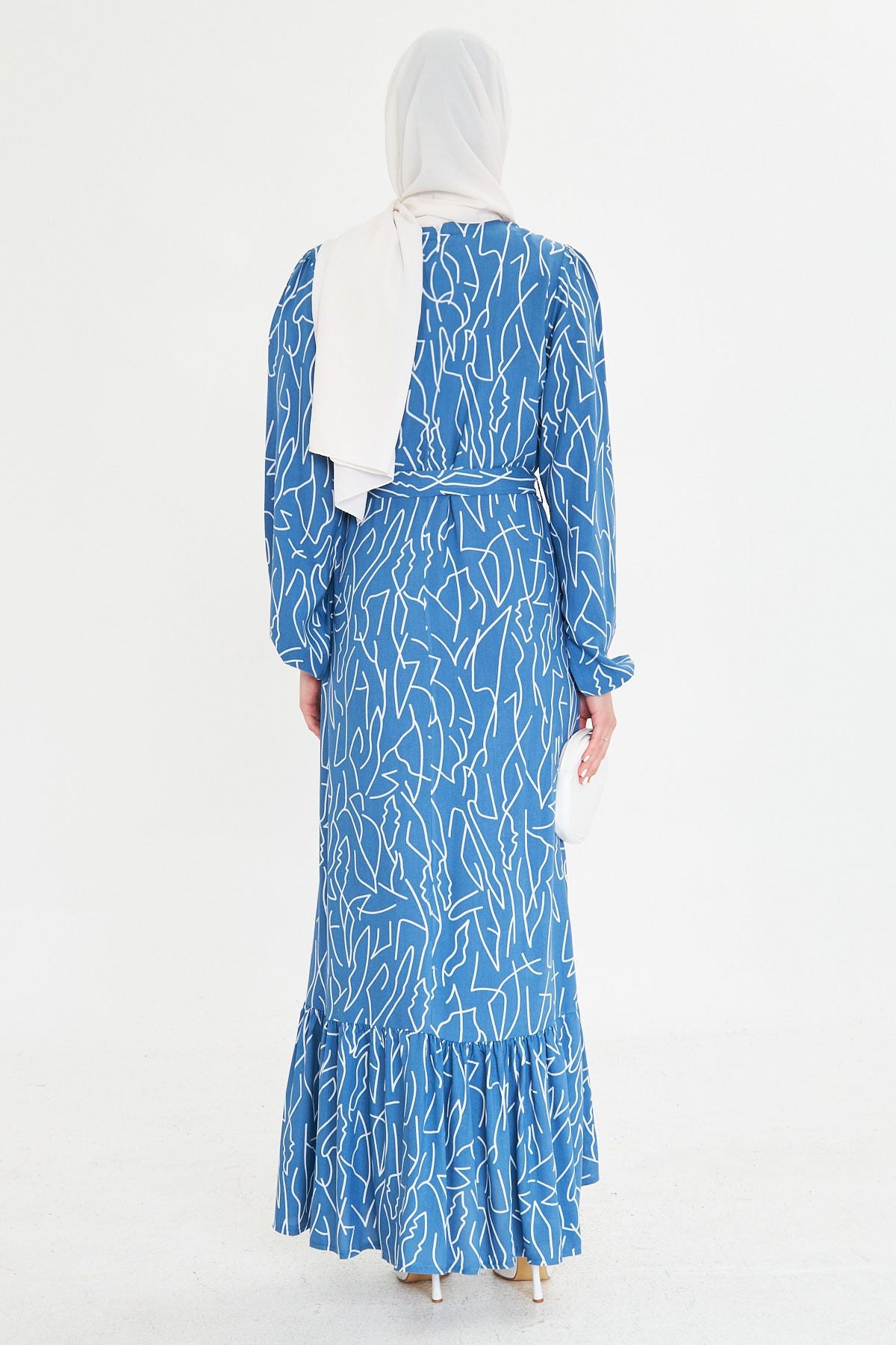 Female indigo zero collar behind zipper skirt with frilly belt long hijab dress ARM-25K001101