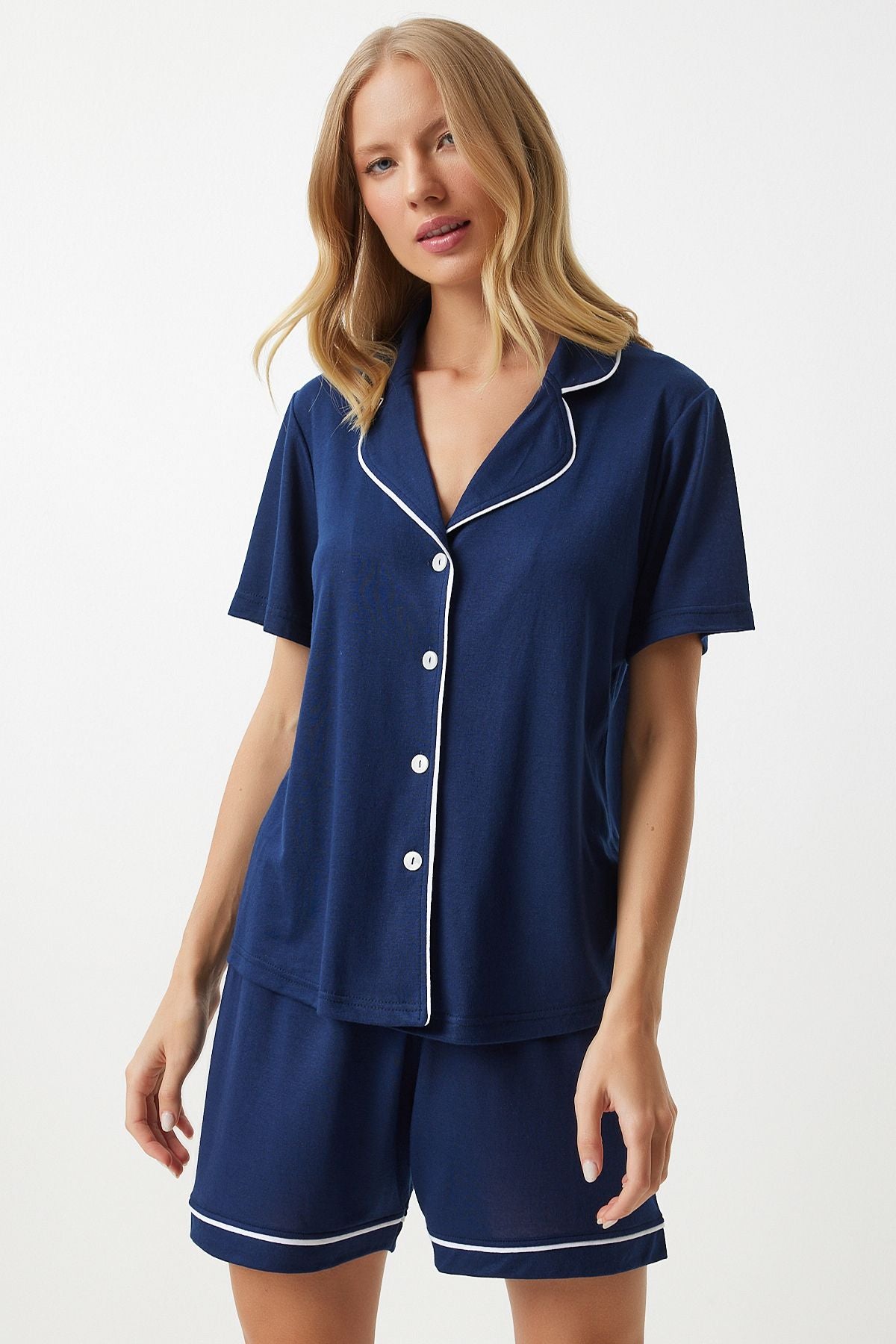 Women's Navy Blue Detailed Shirt Short Pajama Set EC00039