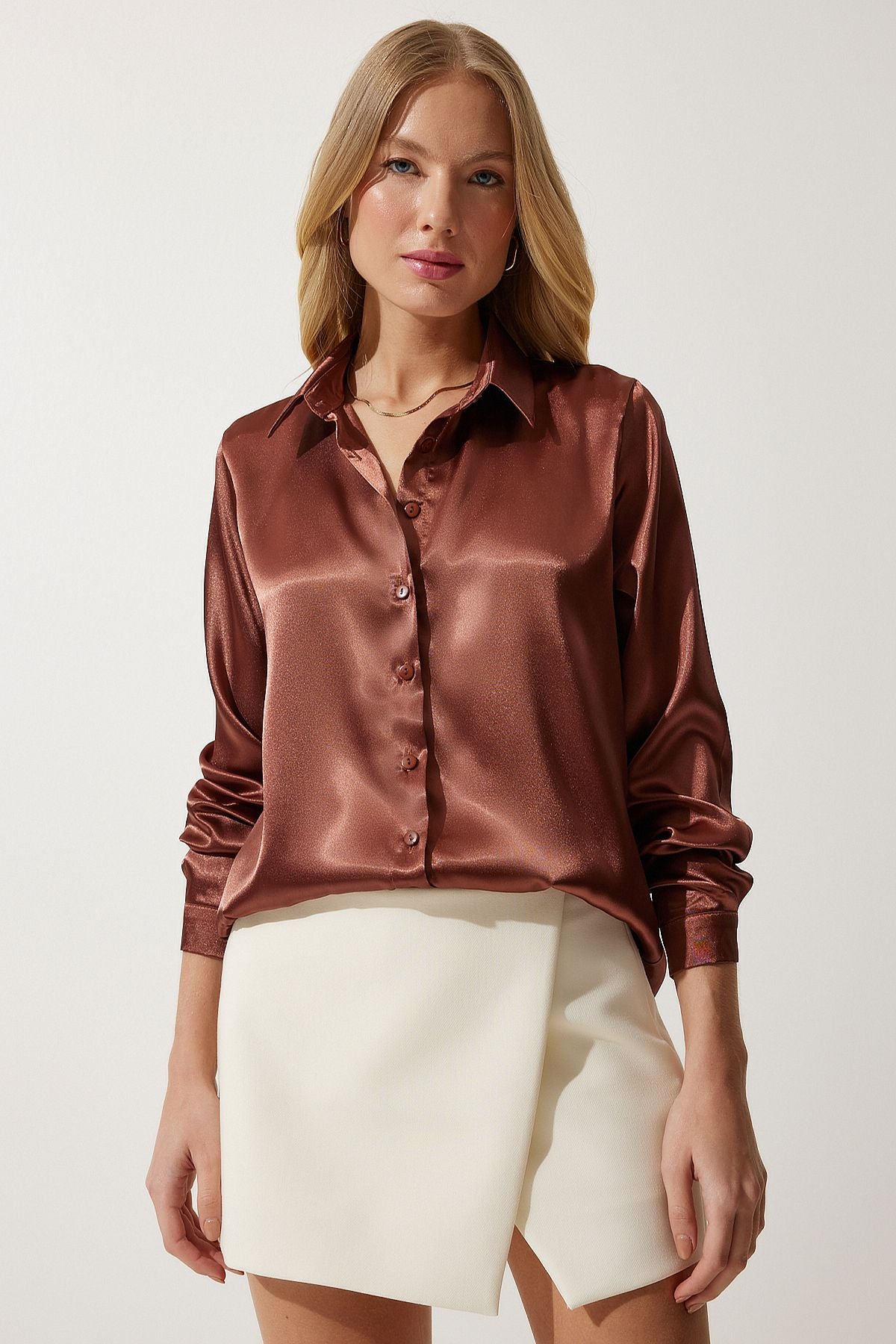 Female brown lightly draped satin surface shirt DD00990