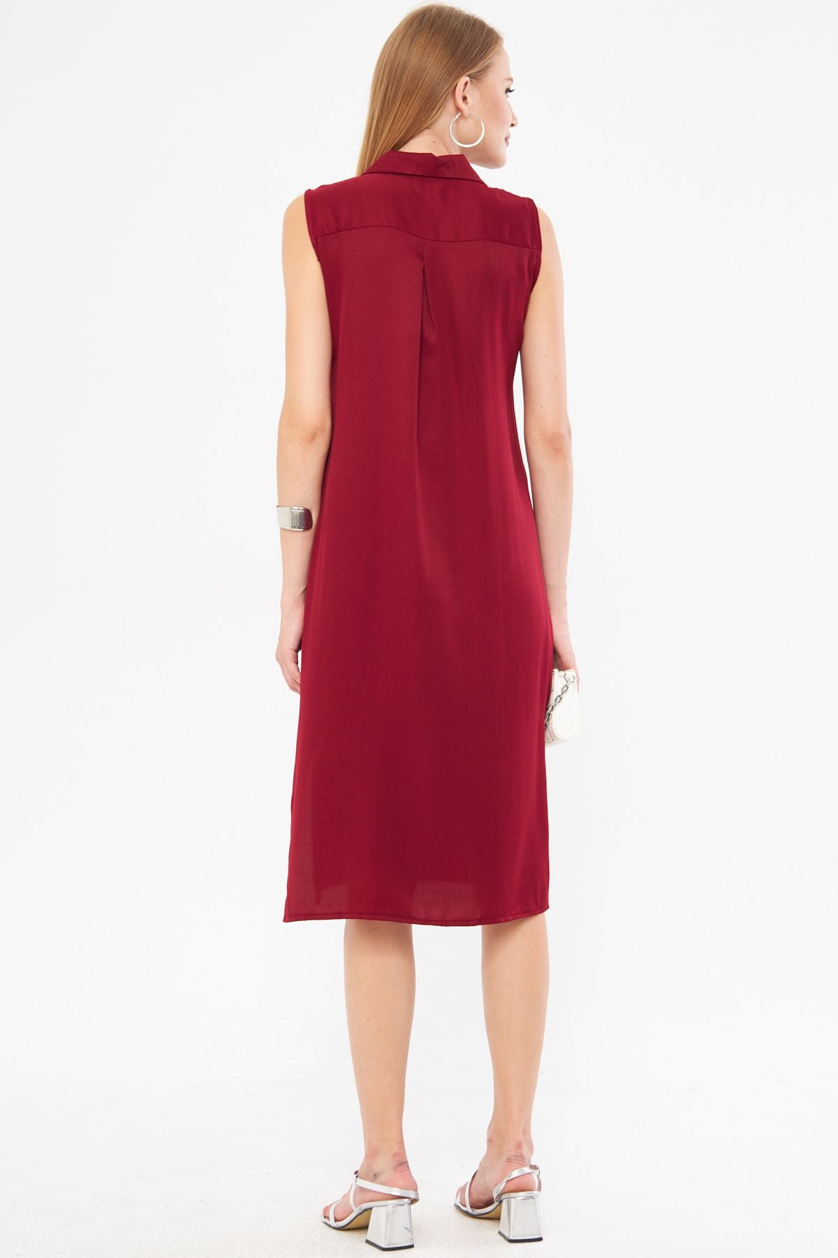 Female burgundy collar buttoned dress ARM-17Y00028