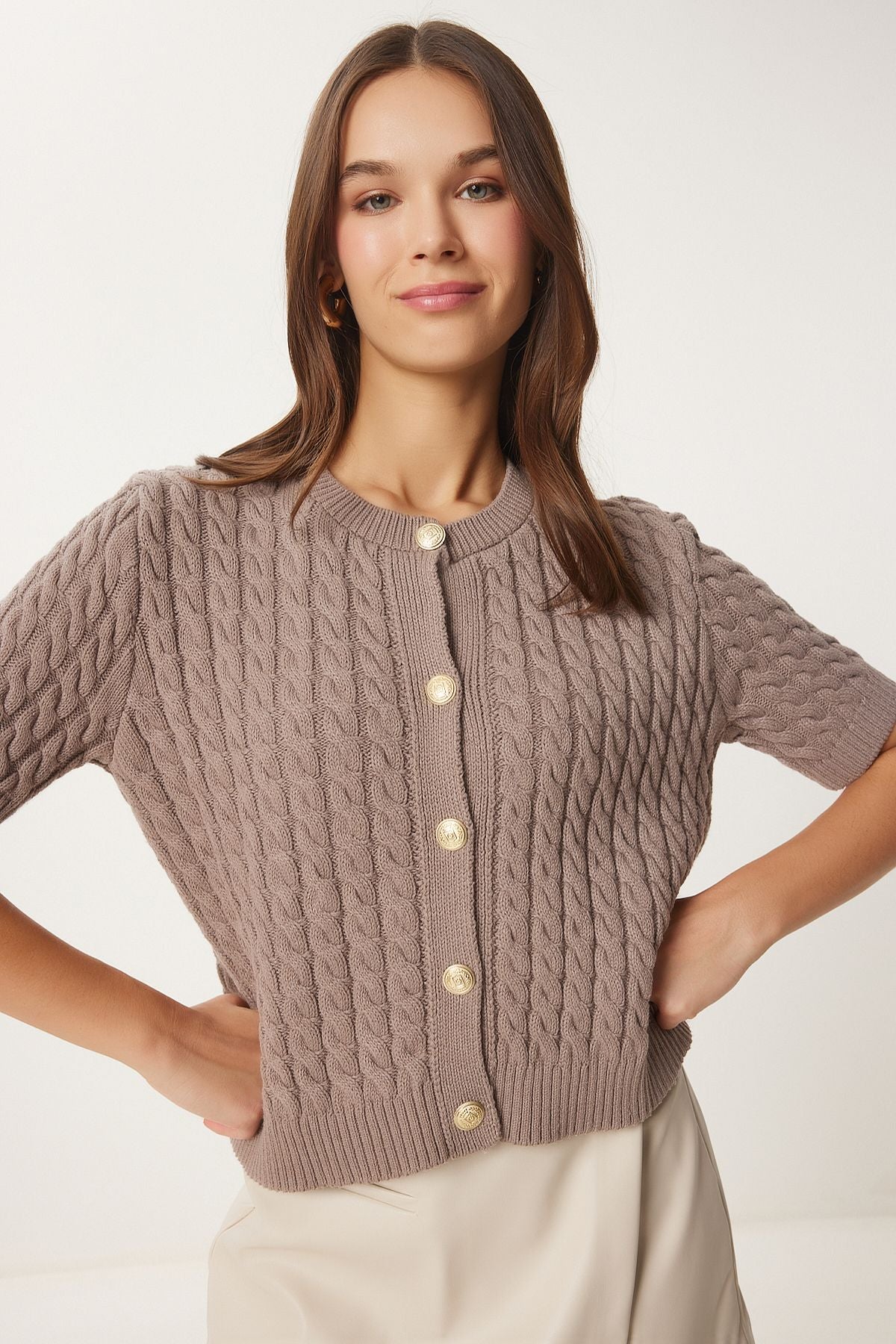 Female mink bike collar braided knitwear cardigan US00946