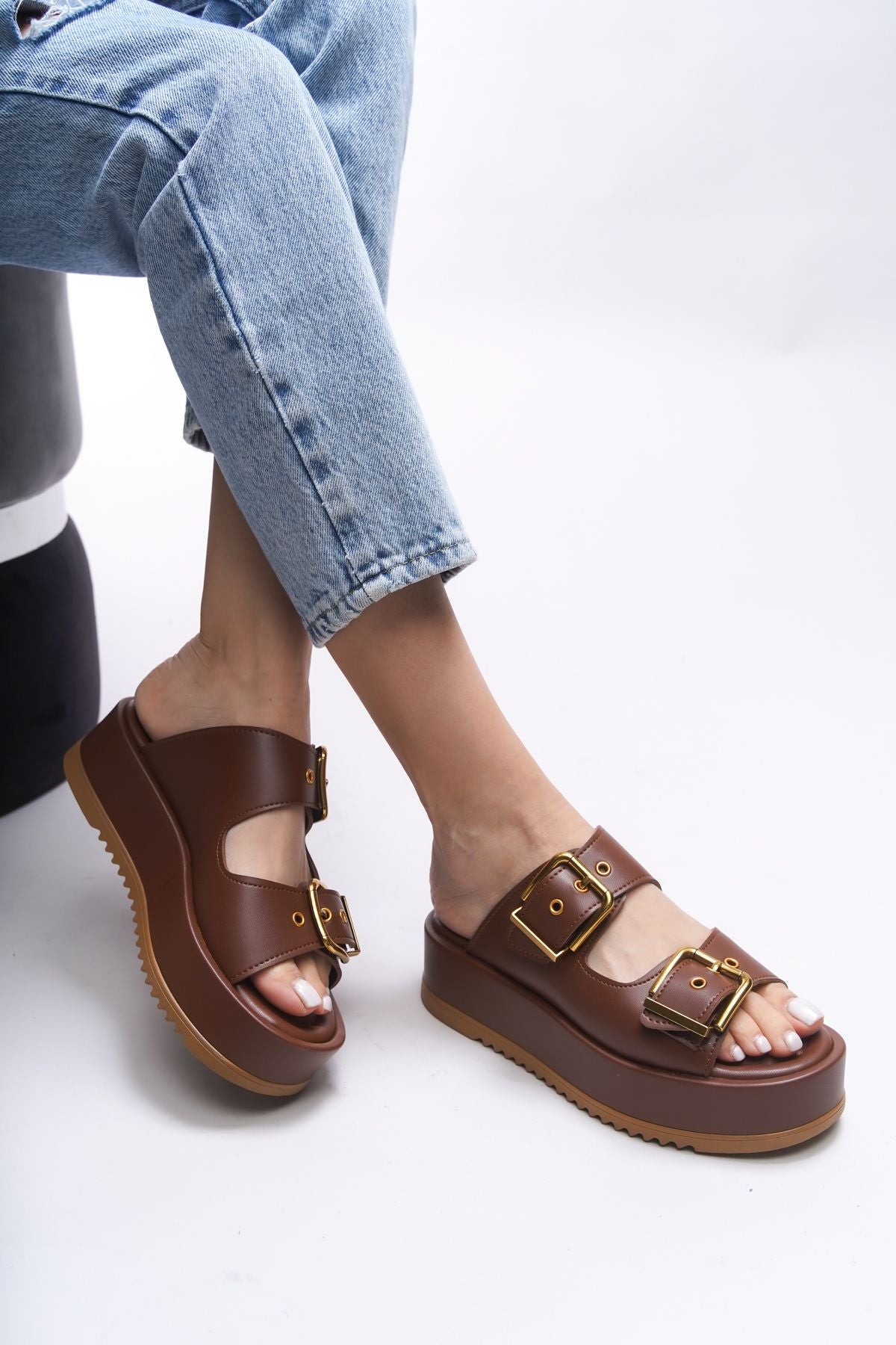 Winledha Female Double Buckle Slipper 001278 Brown Skin