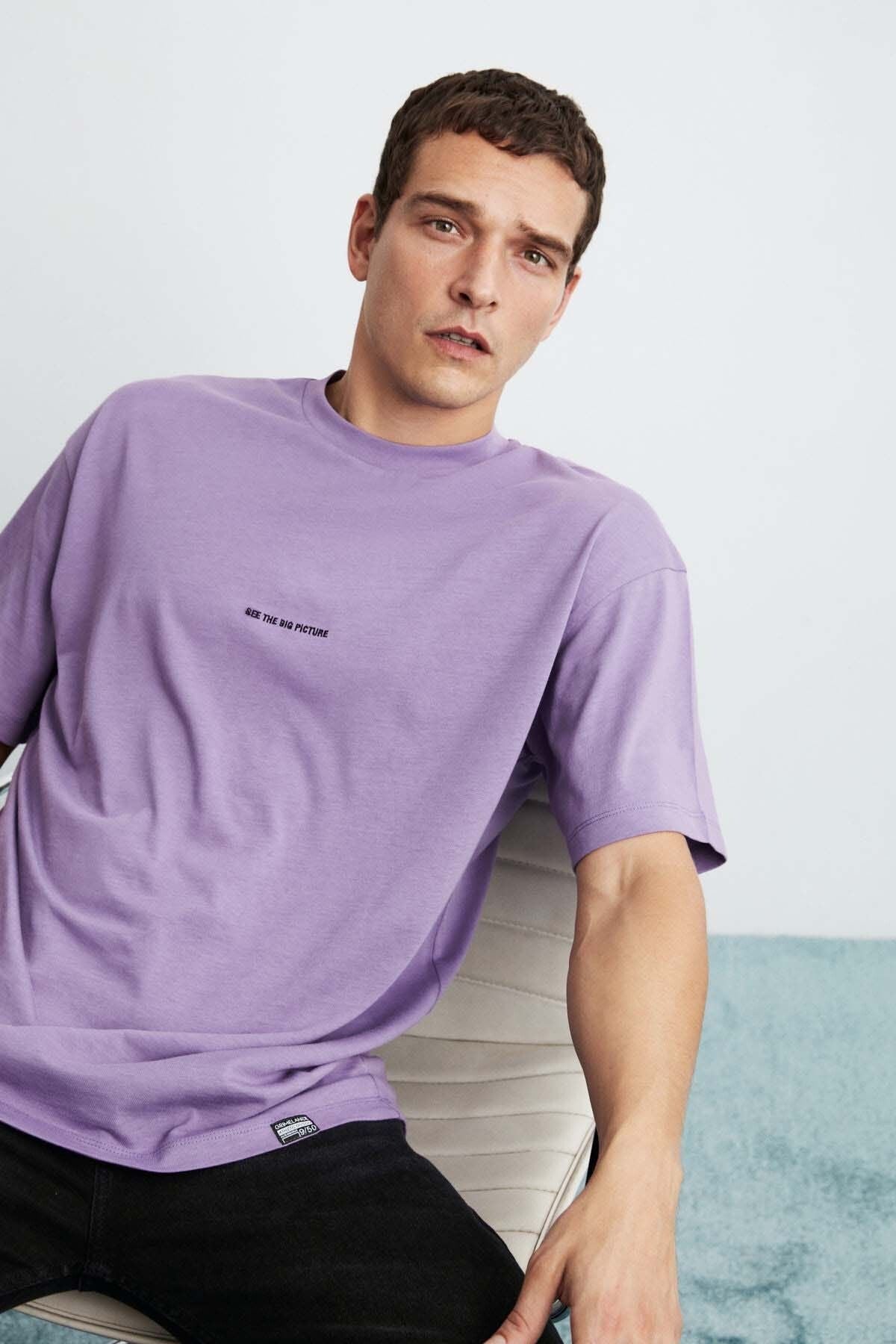 Rıver Men's Embroidery Working Oversiz 100 %Organic Cotton Knitting Purple T-shirt