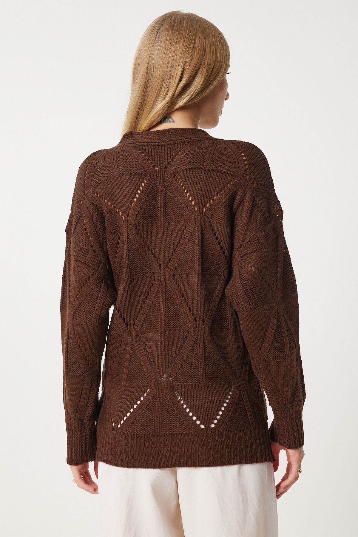 Women's brown motif knitwear cardigan xk00001