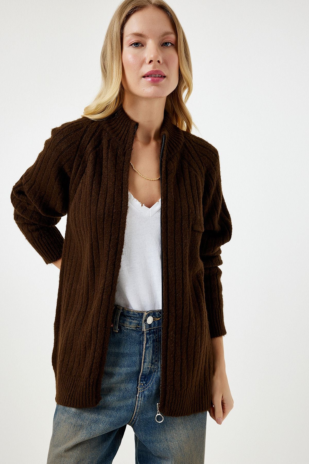 Women's Brown Zipper knitwear cardigan DD01301