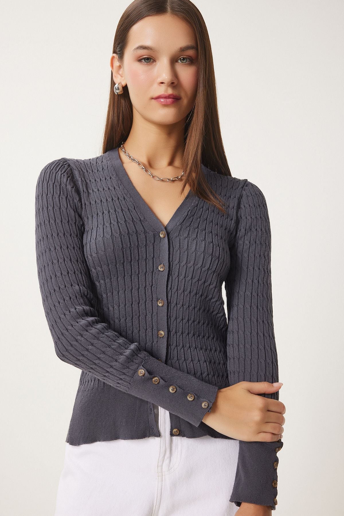 Woman anthracite Thessaloniki knitting detailed knitwear cardigan FN03399