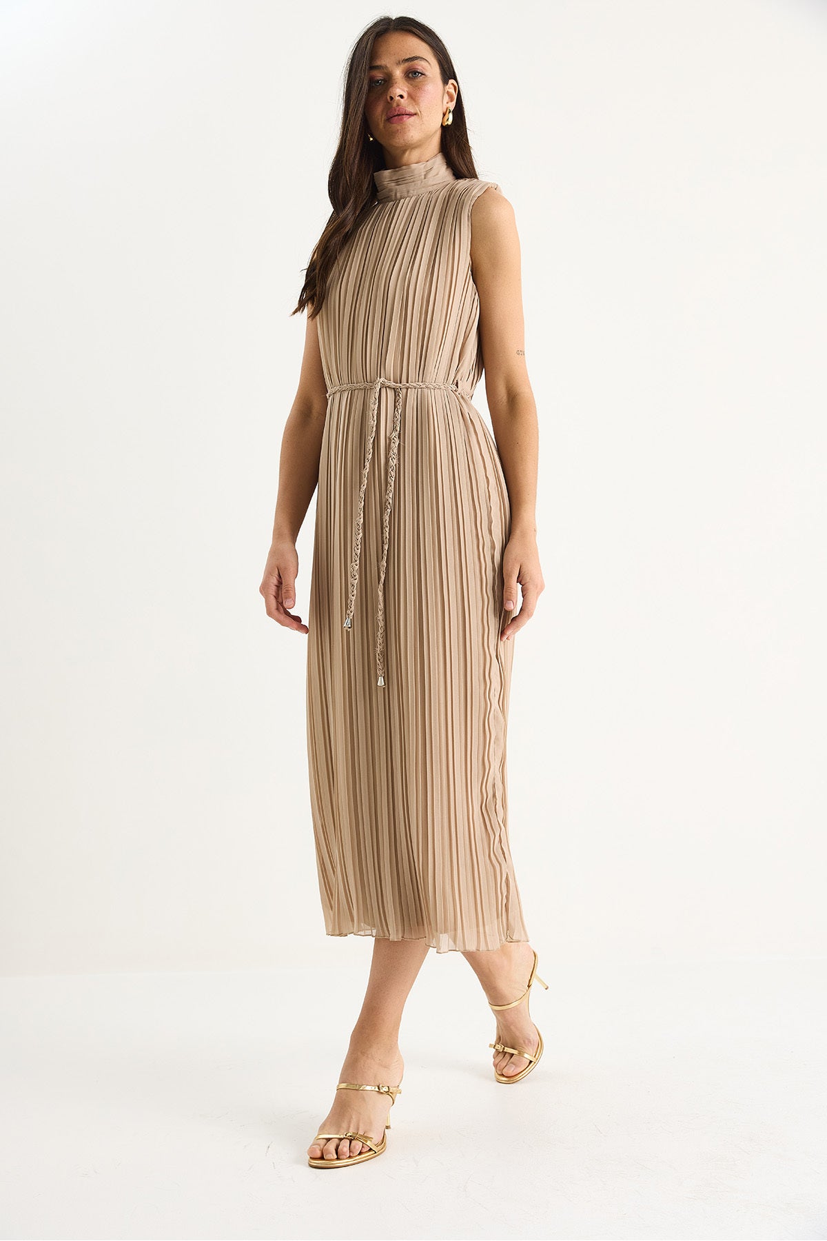 Women's Thick Strap Knitted Belted Lined Midi Pleated Dress FE-118 60283435