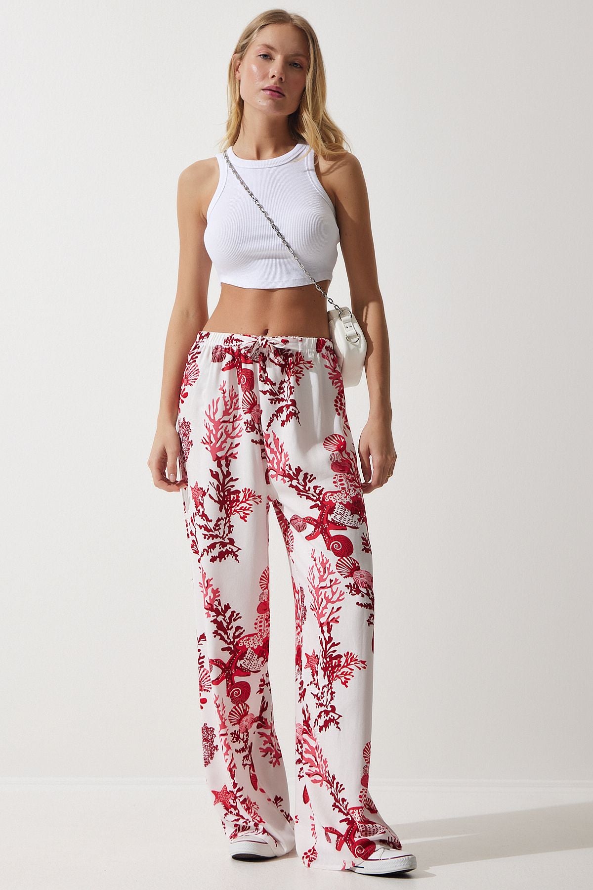 Woman White Pink Patterned Viscose Palazzo Pants EN00606