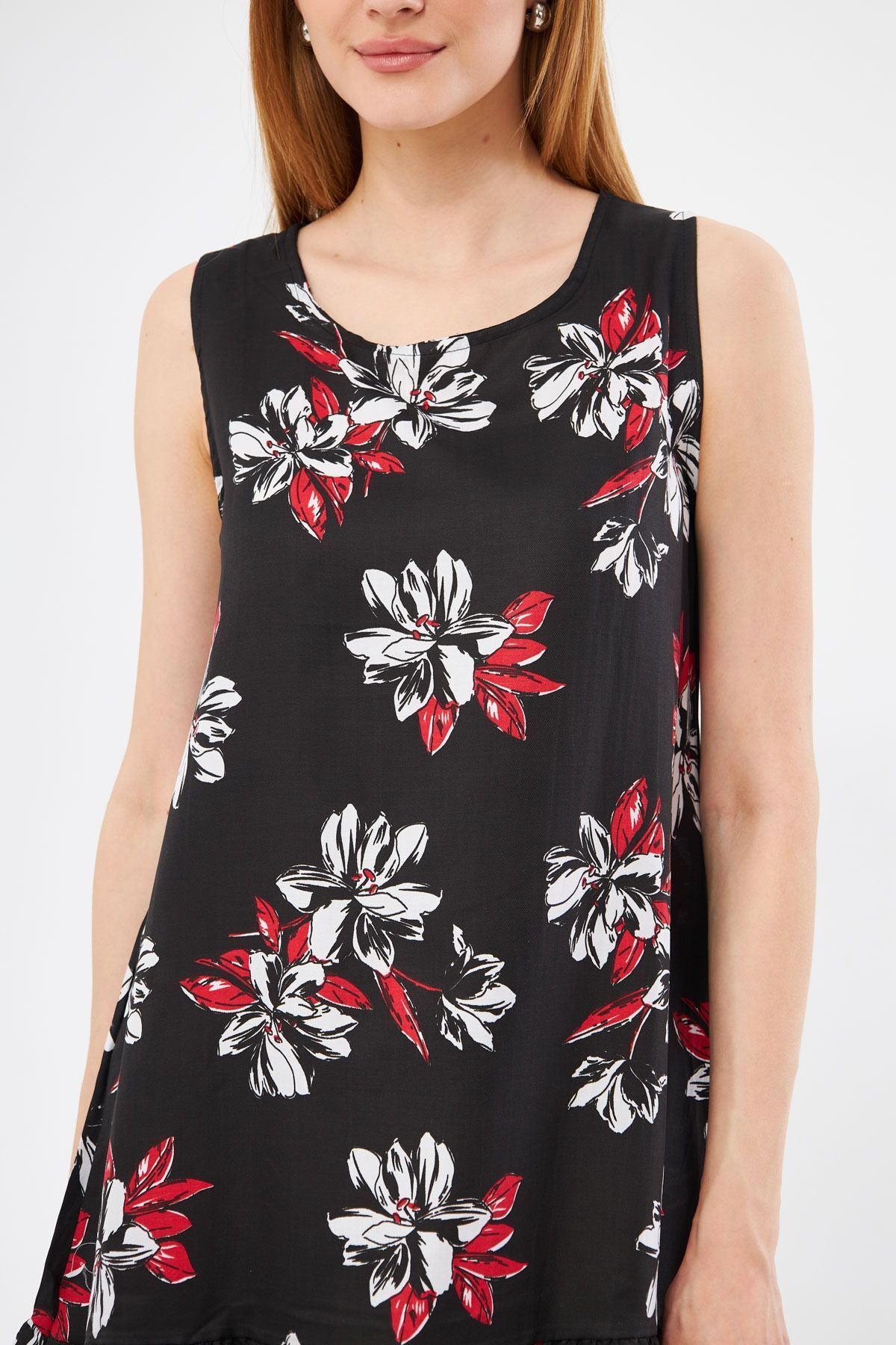 Woman Black Big Flower Patterned Sleeveless Dress ARM-22Y001014