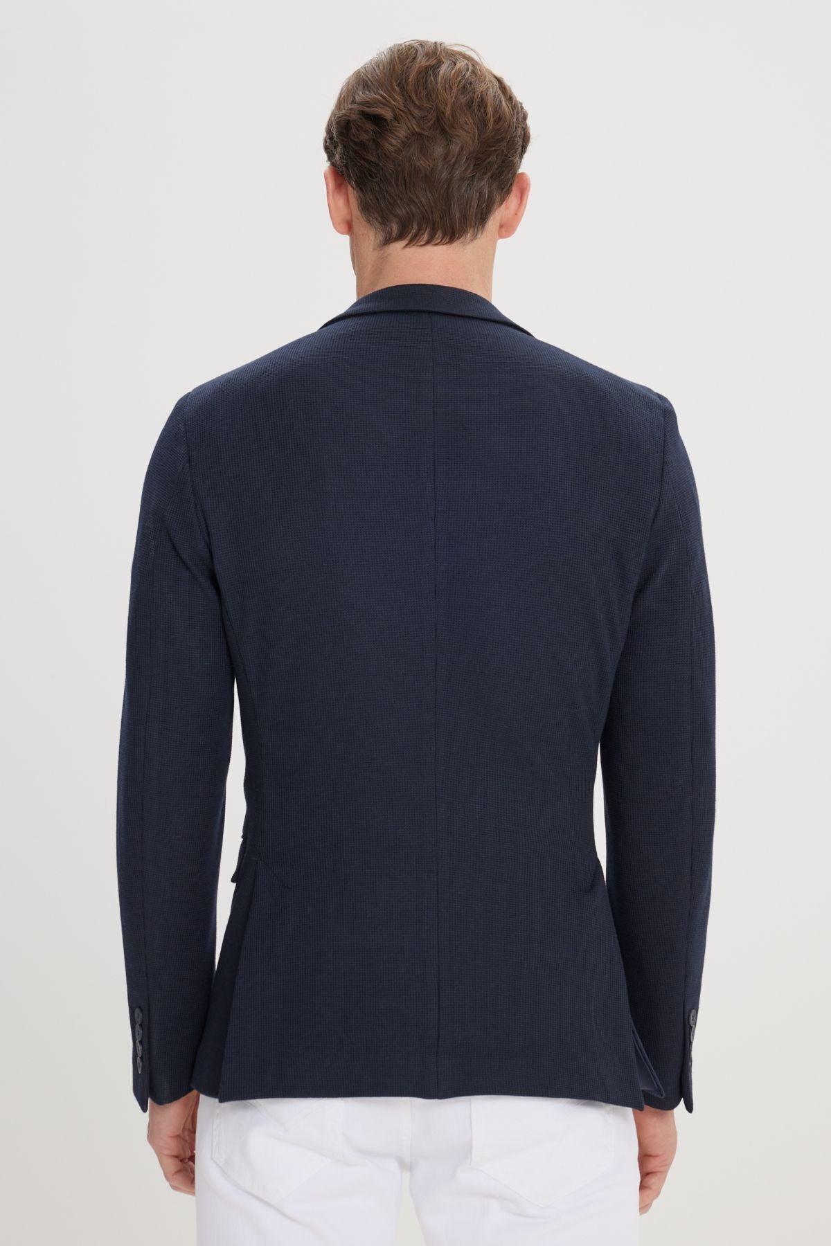 Men's navy blue 360 degrees stretching in all directions slim fit narrow cut mono collar blazer jacket