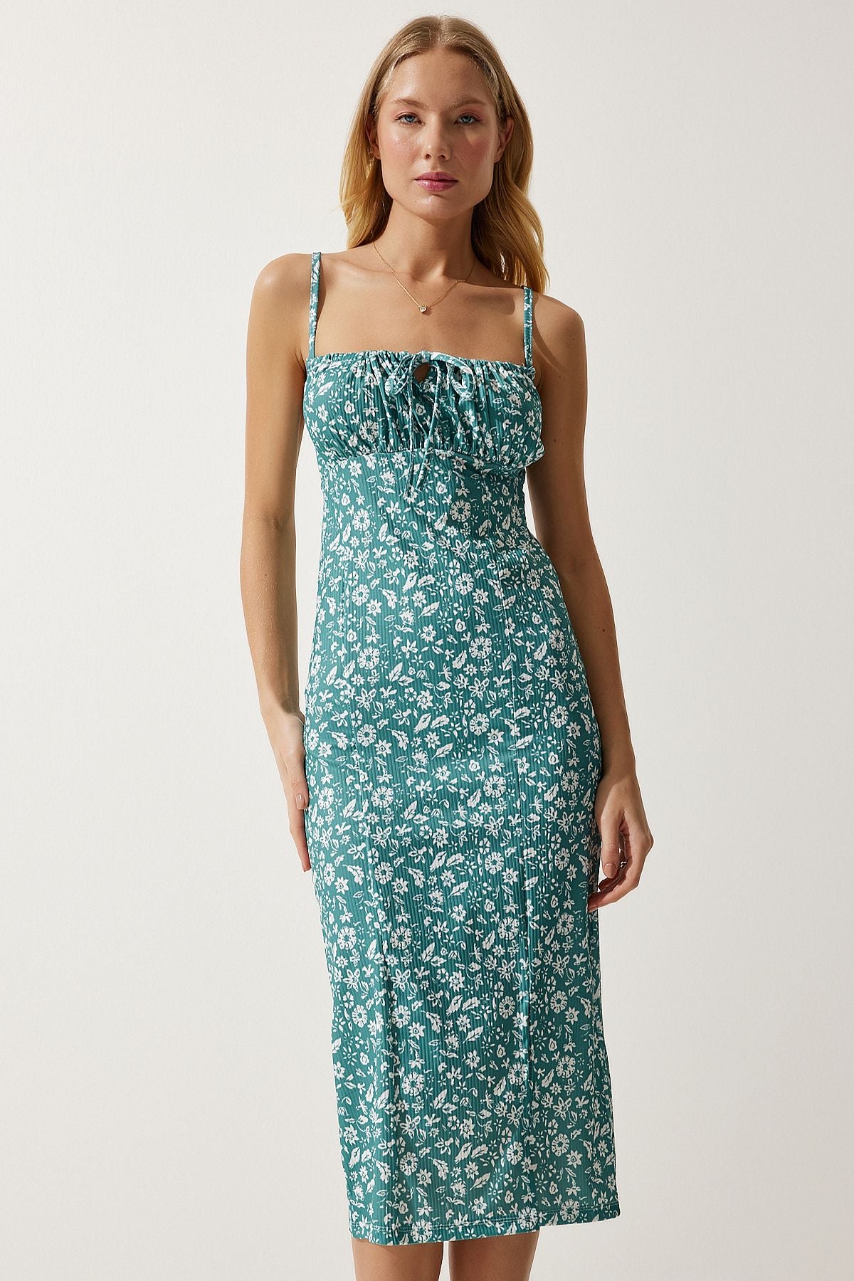 WOMEN'S WATER GREEN FLOWER SWEED SUMMER Knitting Dress CI00029