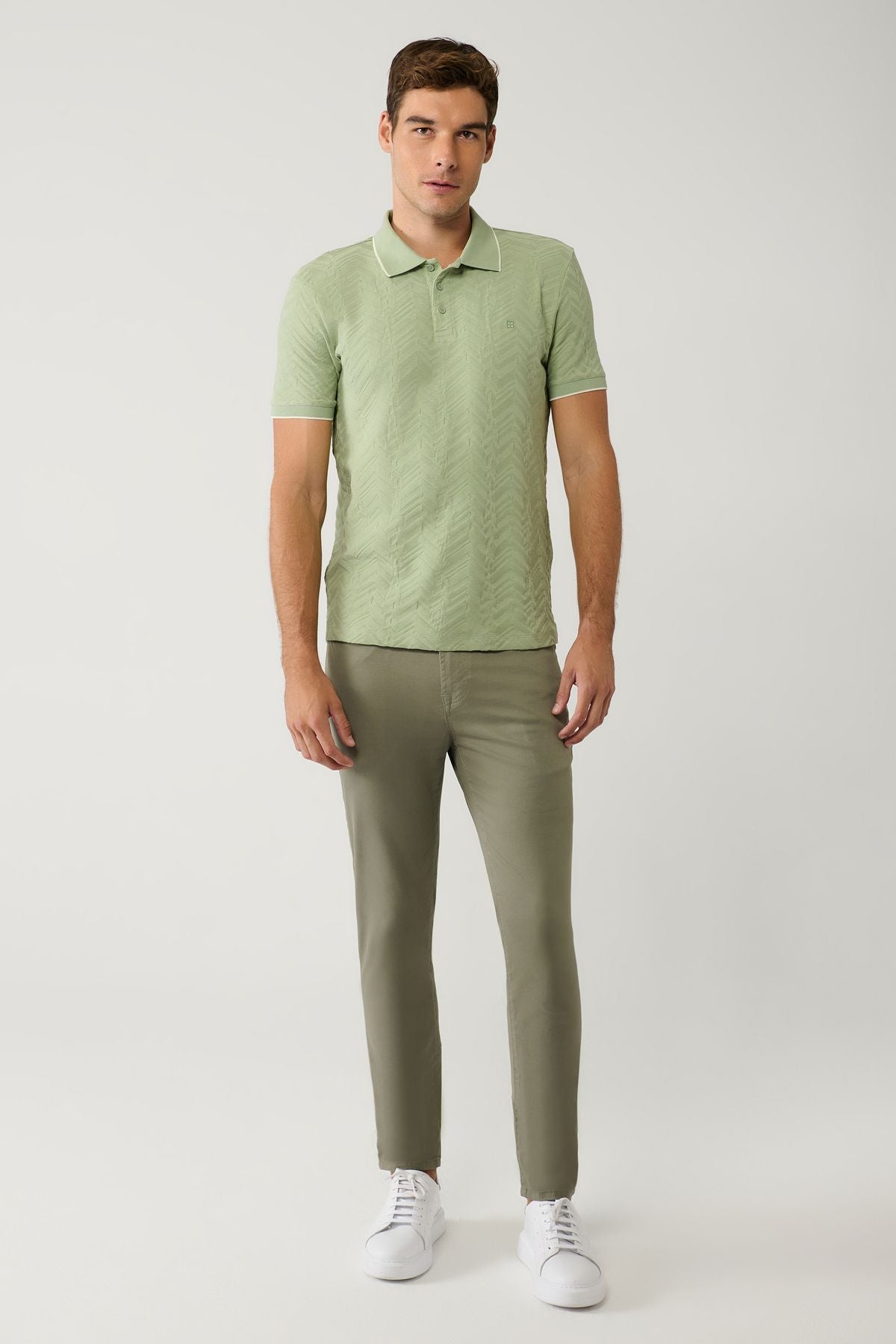 Male Khaki 100 %Cotton 3 Buttoned Jacquard Polo Yaka T-shirt A41y1147