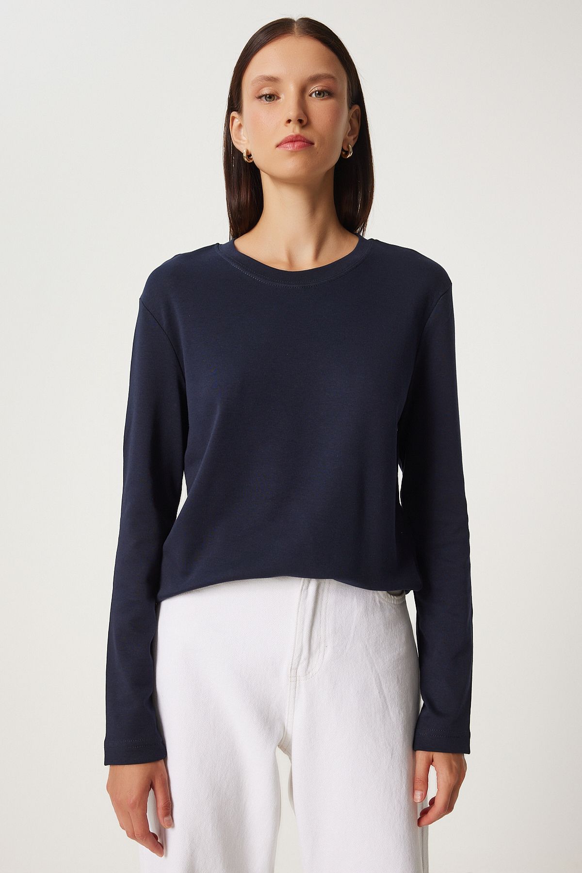 Woman Navy Blue Cotton Basic Knitting Blouse NJ00155
