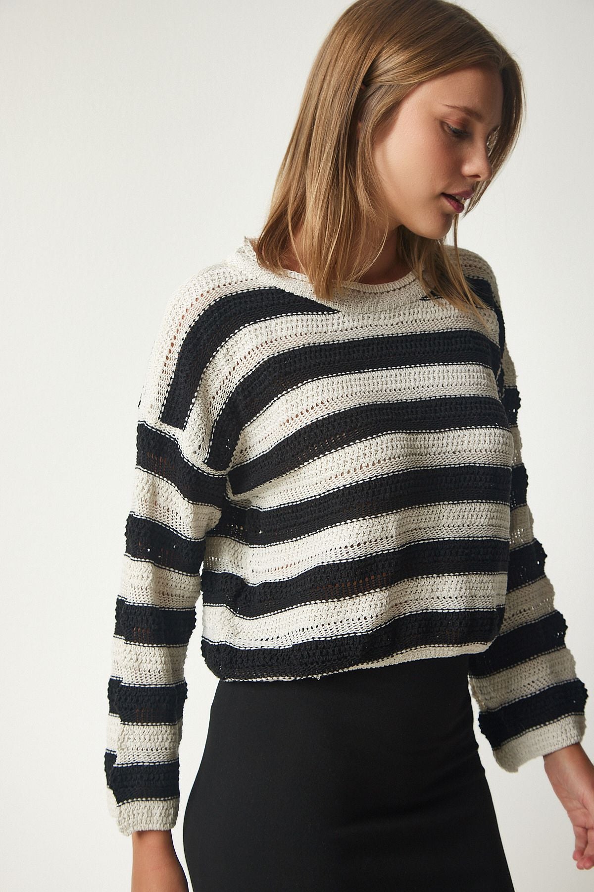 Women's Cream Black Striped Offer Knitwear Sweater RV00151