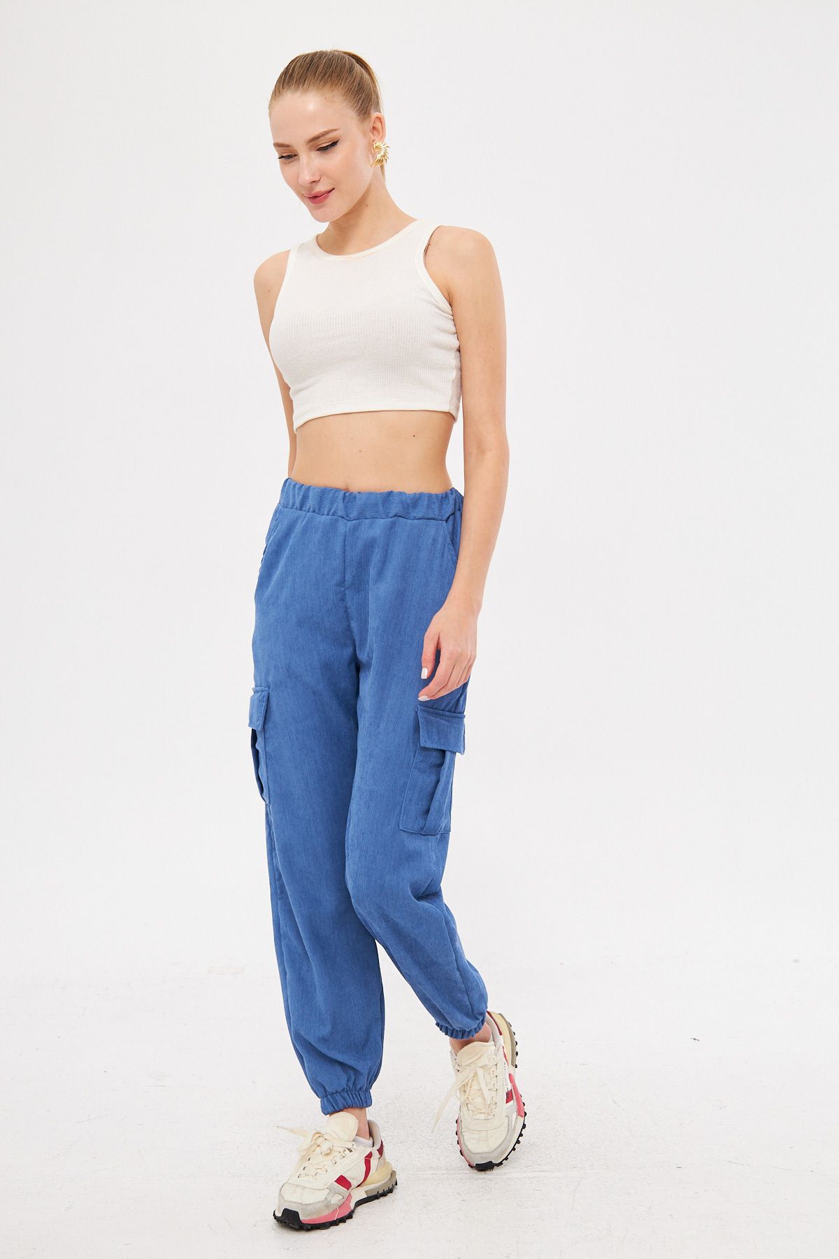 Female Indigo Velvet Waist and Paçası Tire Fine Wick Cargo Pants Arm-25k001035