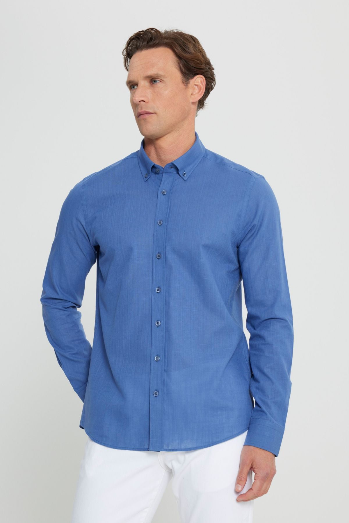 Men's Indigo 100 %Cotton Breathing Fabric Flamle Oxford Slim Fit Fit Narrow Cutting Buttoned Neck Shirt