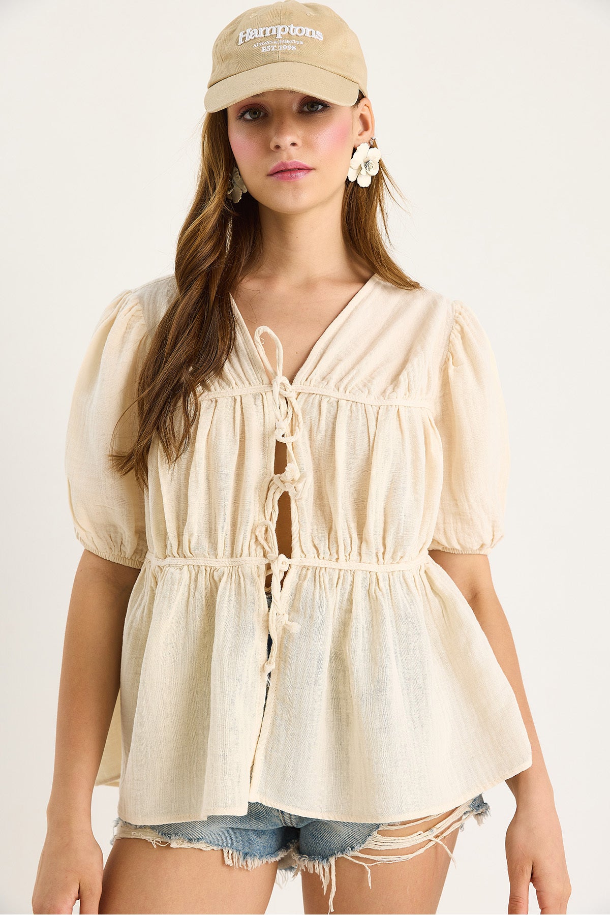 Women's Tie Detailed Short Sleeve Muslin Blouse 1024 60283459