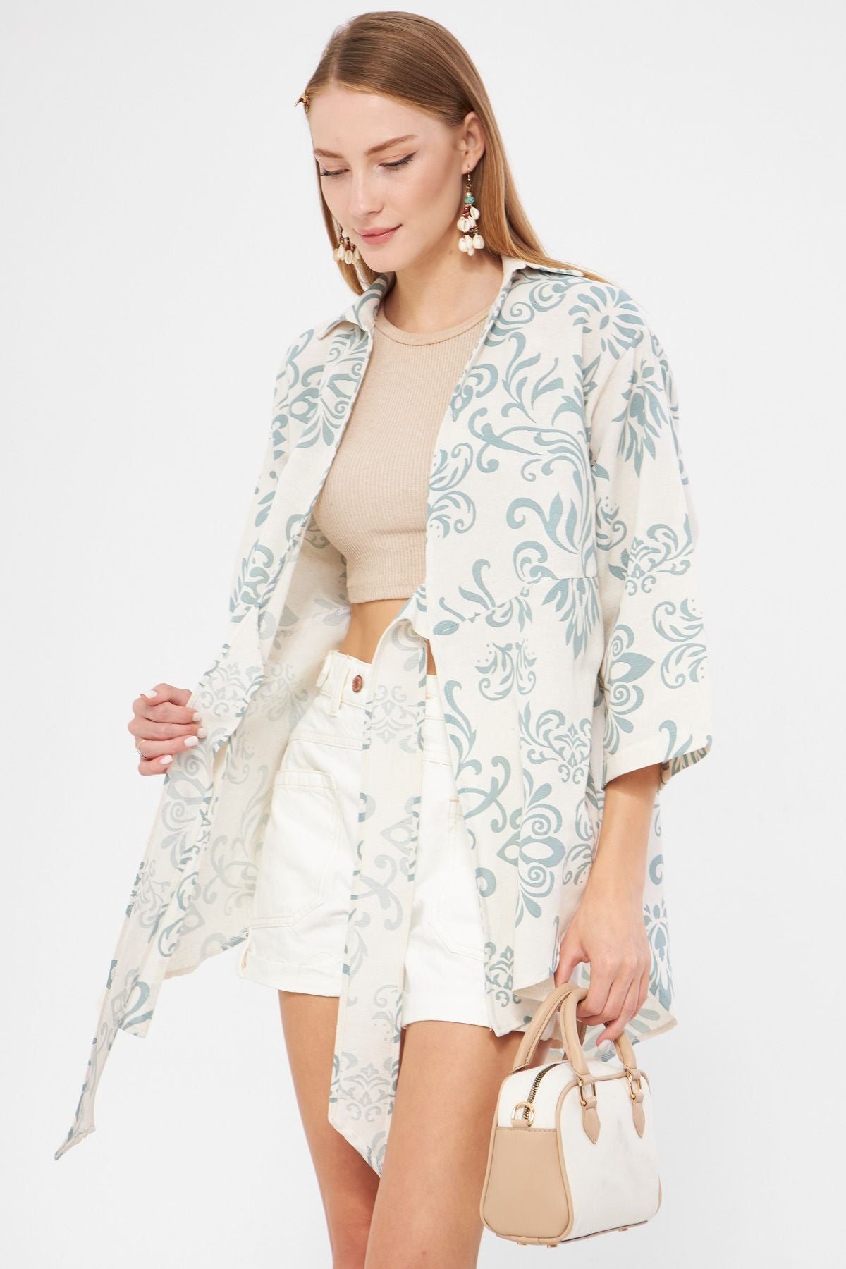 Female Mint Patterned Linen-looking front-binding kimono shirt ARM-24Y001079