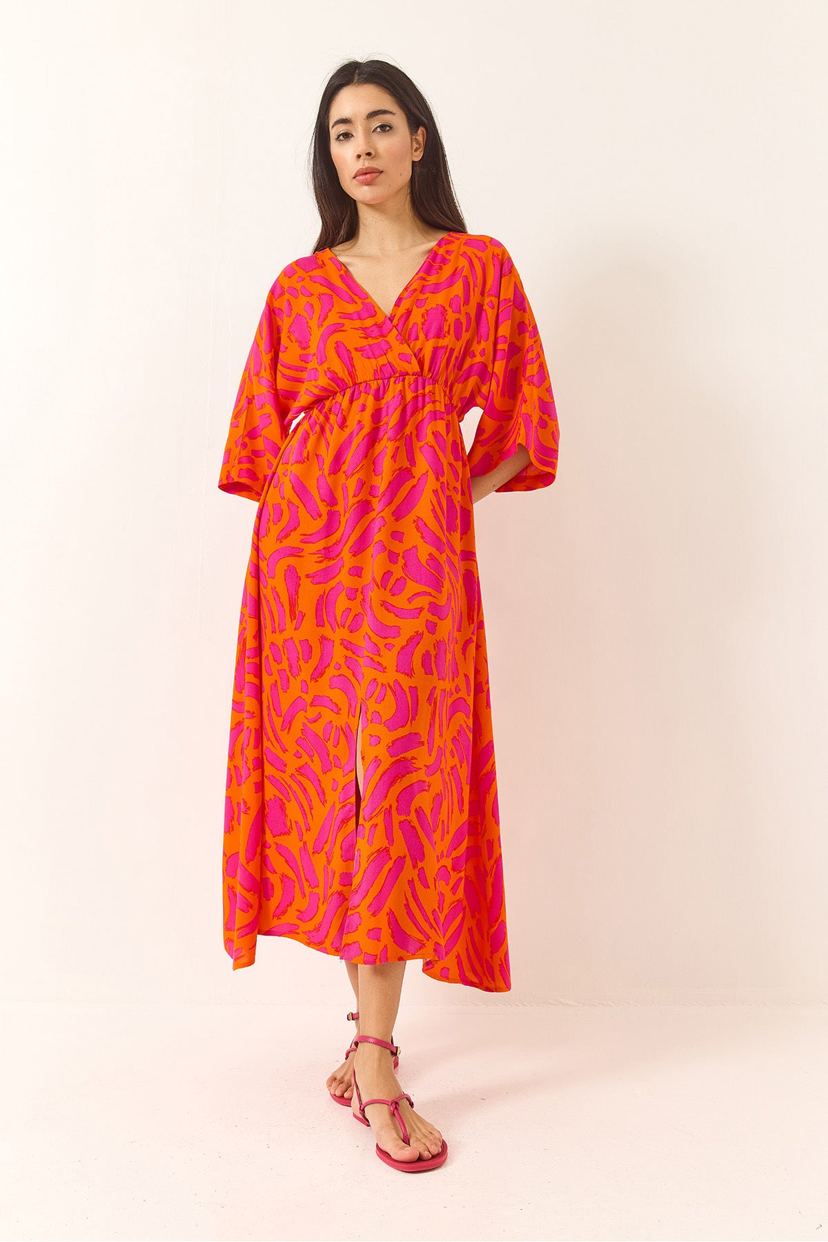 Women's Wrap Collar Waist Elastic Patterned Summer Viscose Dress 60283225