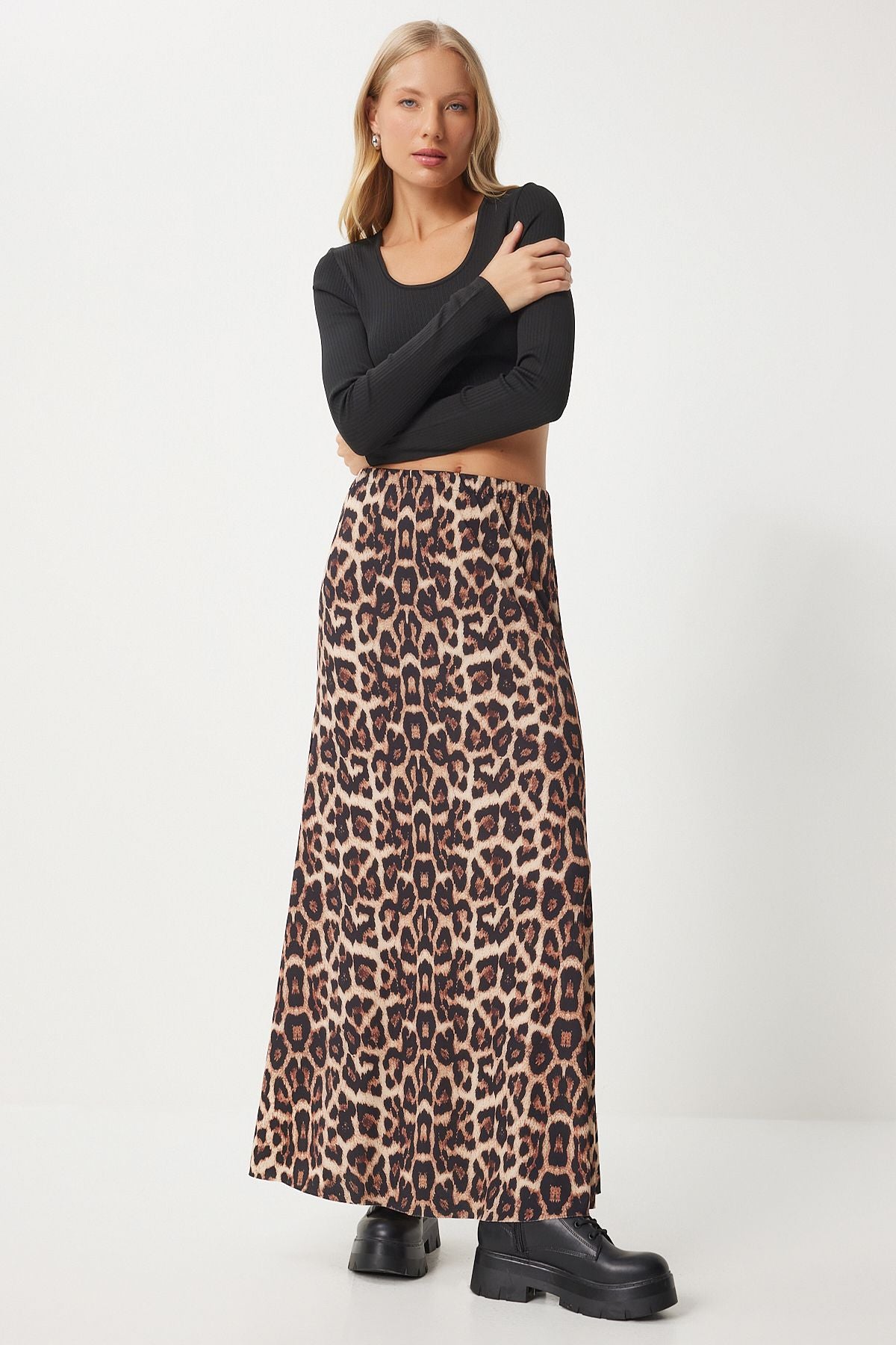 Women's black beige leopard patterned long weaving skirt RC00155