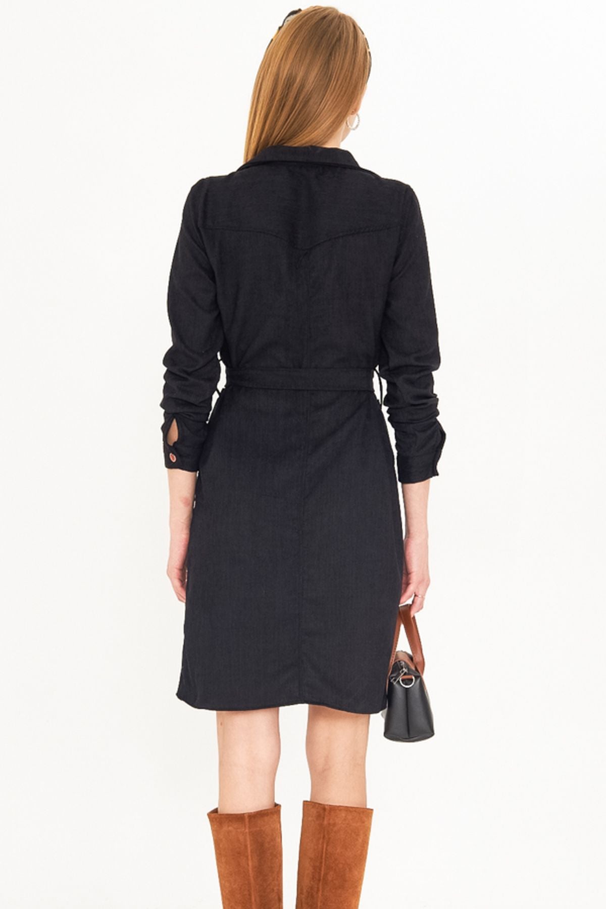 Female black front buttoned pocket belt velvet dress ARM-25K001085